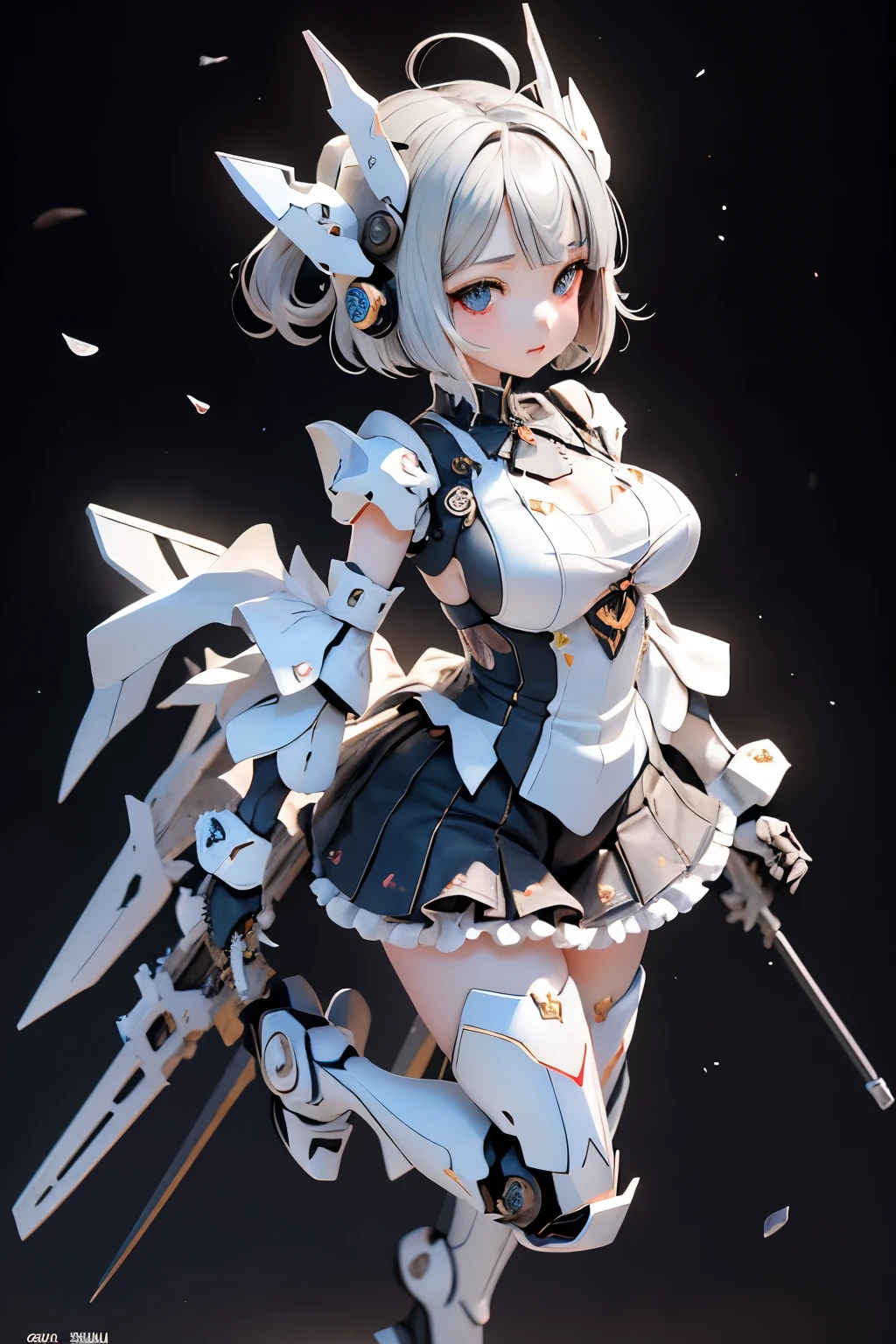 (highest quality)), ((masterpiece)), (very detailed: 1.3), 3D, {(young girl)}, wear gothic lolita clothes with white frills, (She is fused with futuristic Gundam mecha), with headgear, with v-fin , armored shoulders,armored under arms, armored under legs, multilayer textureperfect proportions, octane rendering, duotone lighting, Low ISO, wide aperture, White balance, Rule of thirds, ultra HD16k, HDR (High Dynamic Range), Ray Tracing, NVIDIA RTX, Super Resolution, Subsurface Scattering, PBR Texturing, Post Processing, Anisotropic Filtering, Depth of Field, Maximum Clarity and Clarity, High efficiency subpixel, subpixel convolution, particles of light, light scattered, Tyndall effect, full body:1.5, battle pose, cute, (cute:1.2), (bob cut:1.3),三つ編み, 黒髪, 太い眉毛, 薄い色の虹彩, 大きくて輝いている黒い瞳, 長いまつげ, 小さく薄い色の自然な唇, (Average face of Japanese idols), (日本人特有の童顔:1.3), (baby face), 広いおでこ:1.2, ふっくらした頬, 小さな顎, visible side boob, (holding a huge weapon:1.5), in the hangar,looking at viewer,Focus on the eyes , (完璧な4本の指, 親指1本),