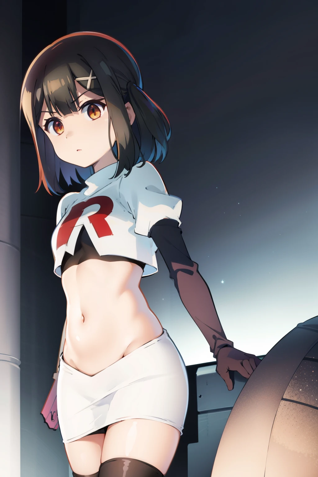 masterpiece, best quality, (colorful),(delicate eyes and face), volumetric light, ray tracing, extremely detailed CG unity 8k wallpaper, miyu edelfelt, magicalgirluniform, 1girl, solo, breasts, looking at viewer, twintails, small breasts, magical girl, x hair ornament, team rocket,team rocket uniform, red letter R, white skirt,white crop top,black thigh-highs,black elbow gloves