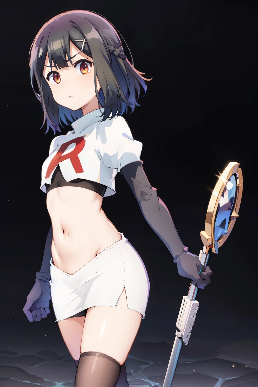 masterpiece, best quality, (colorful),(delicate eyes and face), volumetric light, ray tracing, extremely detailed CG unity 8k wallpaper, miyu edelfelt, magicalgirluniform, 1girl, solo, breasts, looking at viewer, twintails, small breasts, magical girl, x hair ornament, team rocket,team rocket uniform, red letter R, white skirt,white crop top,black thigh-highs,black elbow gloves