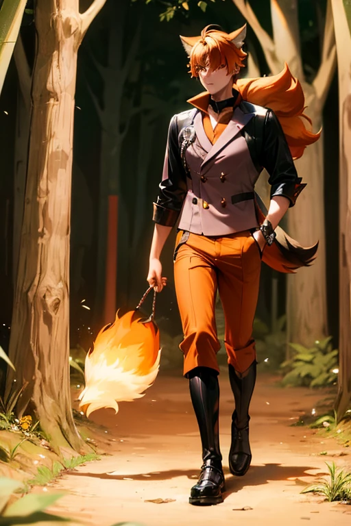 An orange haired man with orange eyes and orange fox ears and and an orange fox tail is walking through a forest with a raven on his shoulder