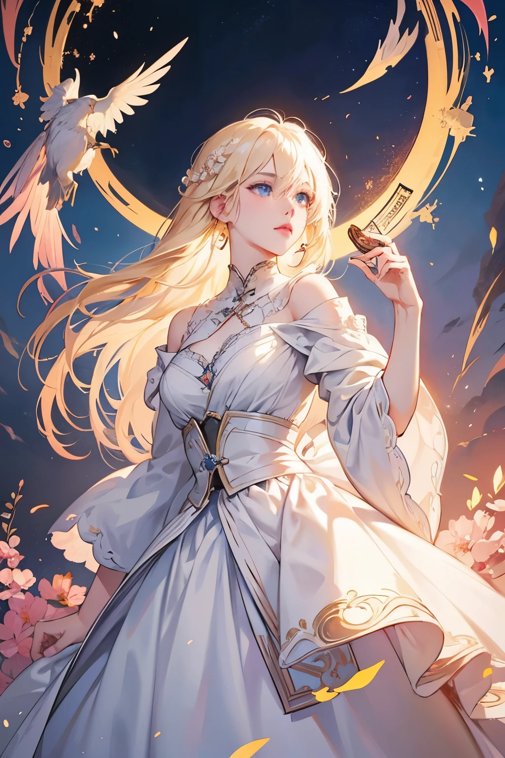 There is a woman in a white dress holding a music box, guweiz style artwork, guweiz on pixiv artstation, guweiz on artstation pixiv, guweiz, fantasy art style, Gurwitz Masterpiece, Beautiful and elegant queen, beautiful figure painting, Detailed digital animation art, blonde princess, white hair, sky blue eyes, pink lips