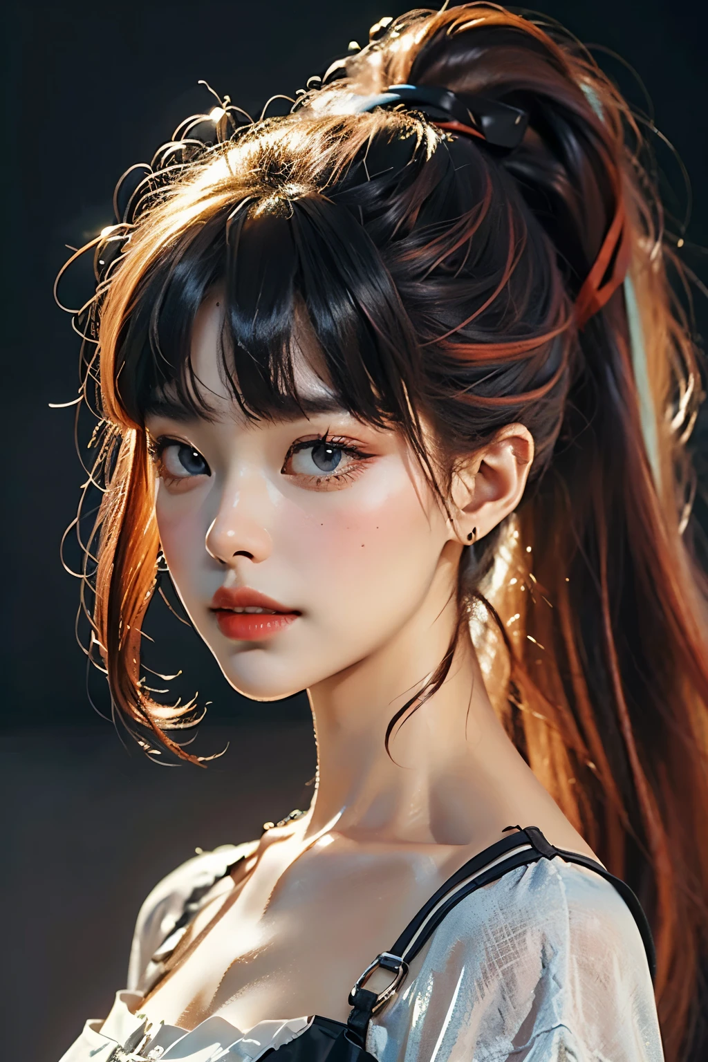 ((best quality)), ((masterpiece)), (detailed),hot realism:1.4, ultra high definition, (top quality, 8k, masterpiece:1.3 ,full portrait of woman ,colored hair colors, ponytail,Upper body,Beauty,