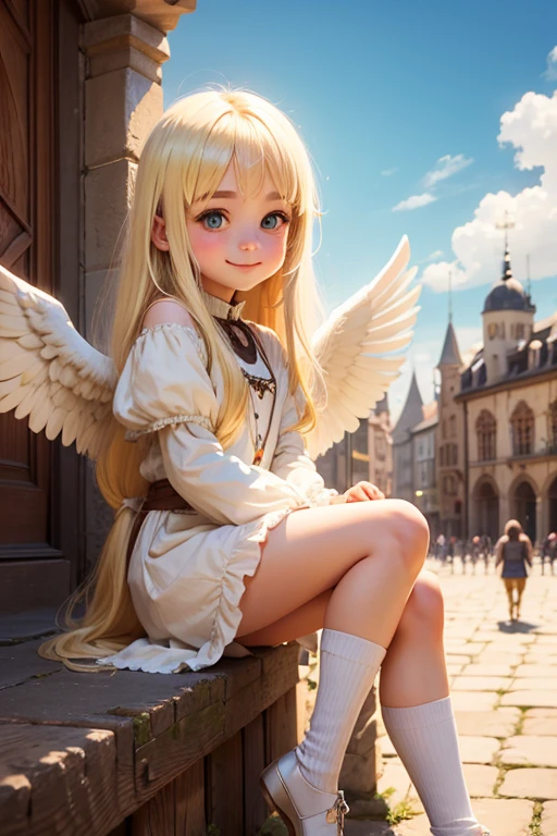 cute girl little man front smile white big bird wings blonde long hair Medieval square The sun is shining