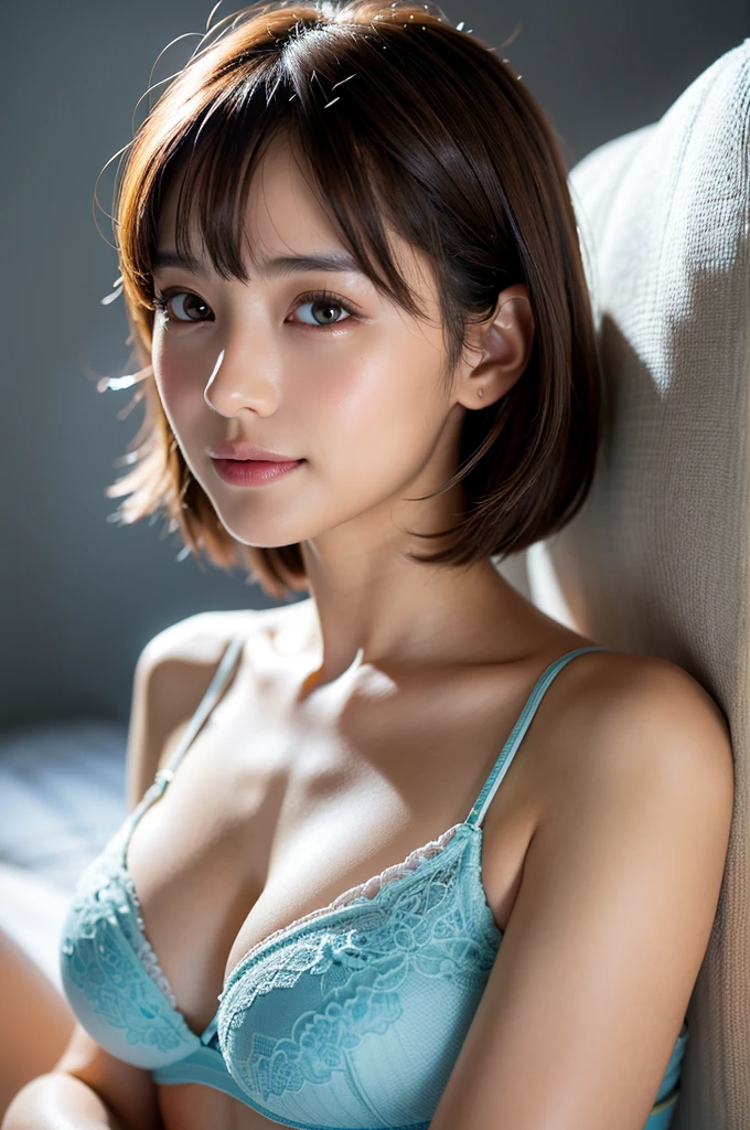 8K, RAW photo, highest quality, masterpiece: 1.2), Super detailed, ultra high resolution, (realistic, realistic photos: 1.37), portrait, High-definition RAW color photos, professional photos, Particle Texture Photography, very delicate and beautiful, very detailed, 8K wallpapers, Amazingly detailed details, huge file size, official art, Highly detailed CG Unity 8K wallpaper, very detailed beautiful girl, very detailed face, very fine eyes, very detailed skin, very detailed fingers, very detailed nose, very detailed mouth, perfect anatomy, very detailed background, very detailed clothes, 1 girl, (20-year-old: 1.2), 20th generation, cute girl, realistic body,, short hair, (bangs: 1.2), smile, cute, youth, cute face, realistic face, delicate eyes, 垂れ目highest quality, masterpiece, 8K quality, high detail, photographic style, detailed background, 28 year old beautiful Japanese woman wearing light blue lingerie. she lies on her back on the bed, With a well-shaped bust, Clear waist, and beautiful light brown hair, Captivate everyone around. Please generate a detailed description of this scene.,fair and beautiful skin、Gentle atmosphere、bangs、Medium bob hair、cute face、Portrait、cute girl、Popular models in Japan、smiling kindly、Warm light、Beautiful cleavage、