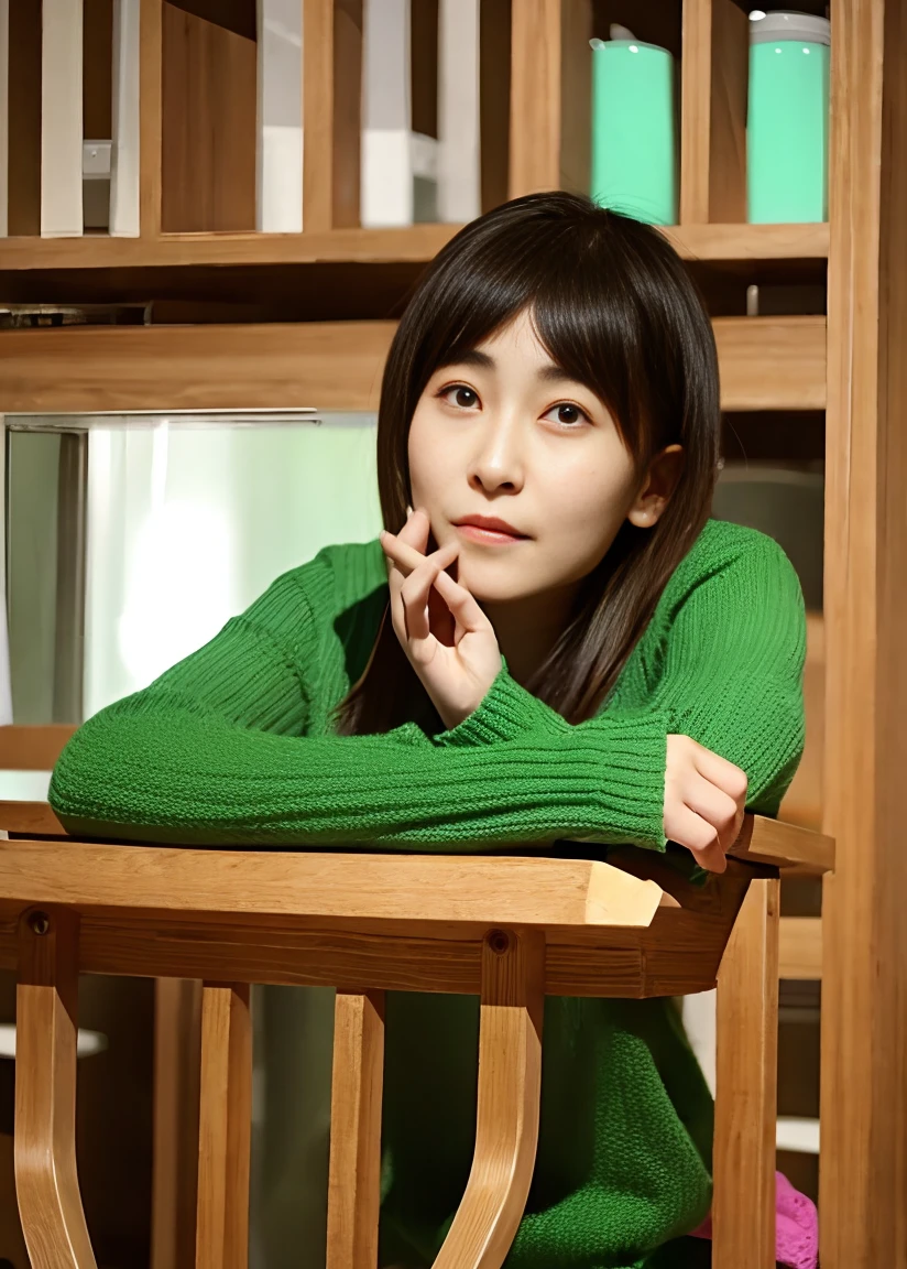 Close-up of a person wearing a green sweater and sitting on a chair, face of young cute asian man, black pink jenny, Chen Xintong, Ulzzang, Gombi, zmonzheng, Yanjun Cento, That&#39;s a cute Korean face, li zixin, Yoshitomo Nara, KANLIU666, Jin Yiwei