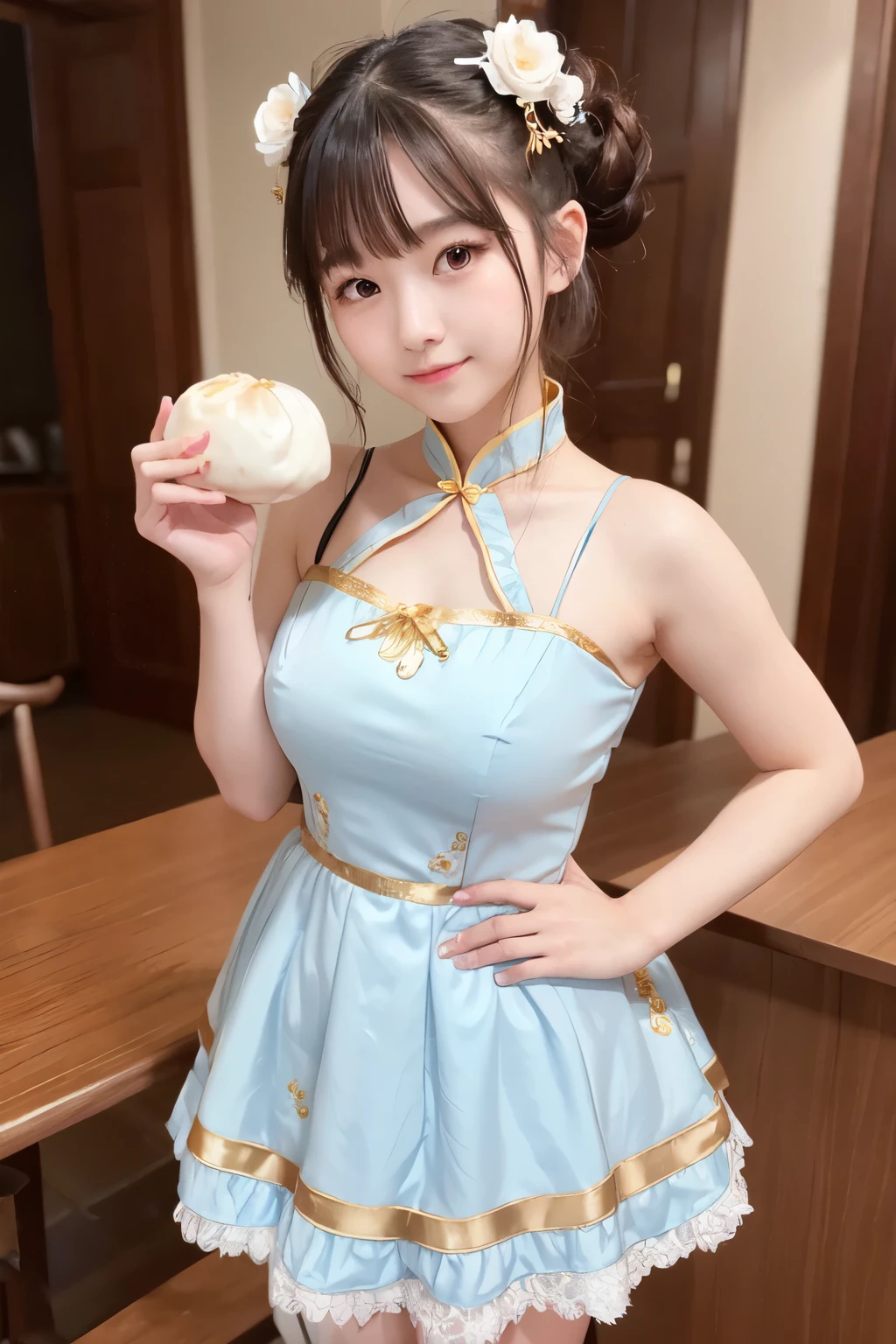 (In 8K, best quality, muste piece:1.2)、ultra high resolution,1 woman 18 years old,(((holding Chinese white Steamed bun))),ultra-detailed face,detailed eyes,long eyelashes,Brown eyes,brash,detailed hand fingers,(twin bun hair),blunt bangs,BREAK,(cute light blue chinese dress style lolita fashion:1.1),bustier,dress with gold and flower decorations,professional writing,smile,captivate your audience,standing in a chinese restaurant