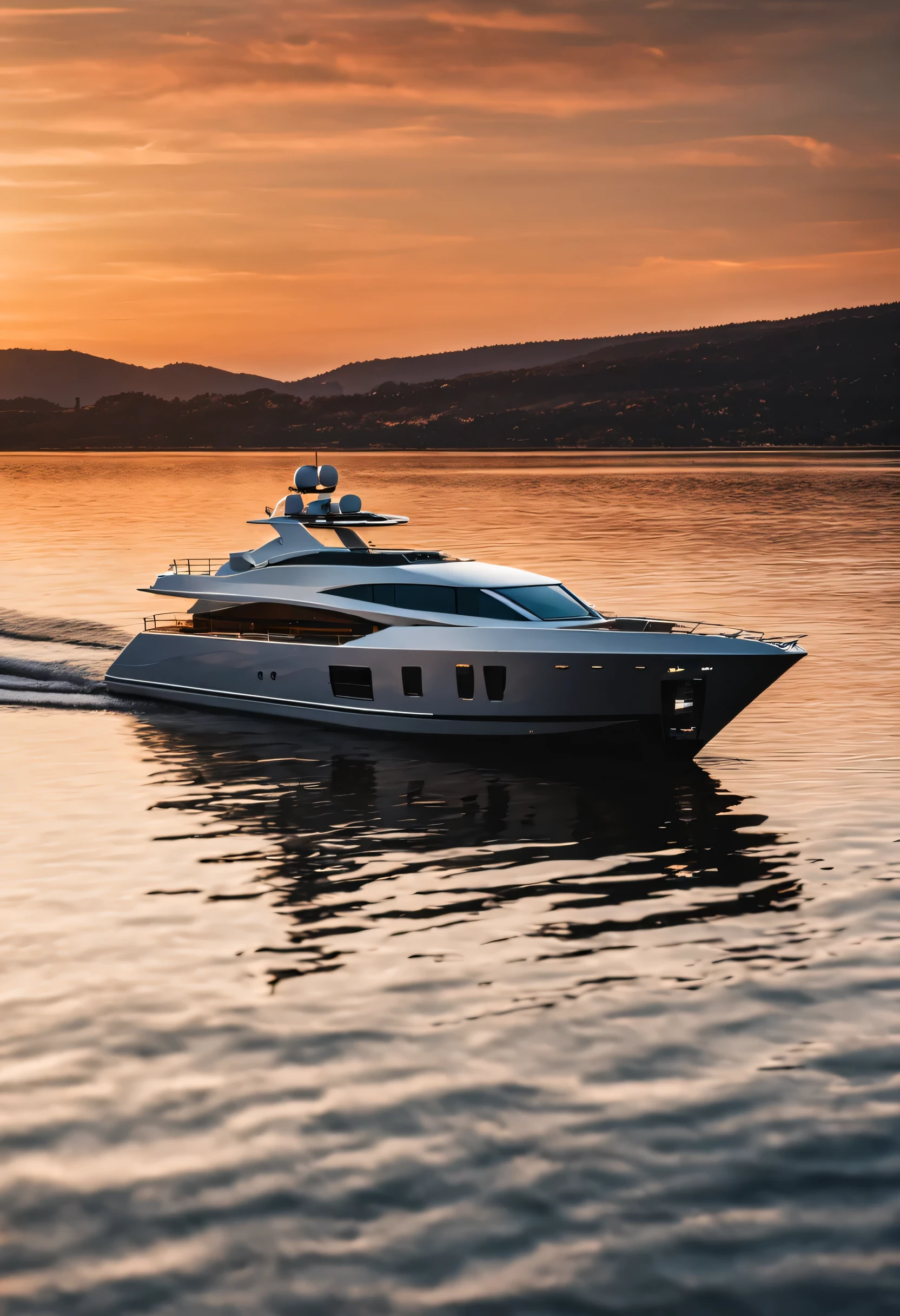 Majestic yacht with sleek lines, eingefangen in einem ruhigen Abendlicht, with shallow depth of field, Bootfahrt, Lebensstil, Foto aus der Ferne aufgenommen