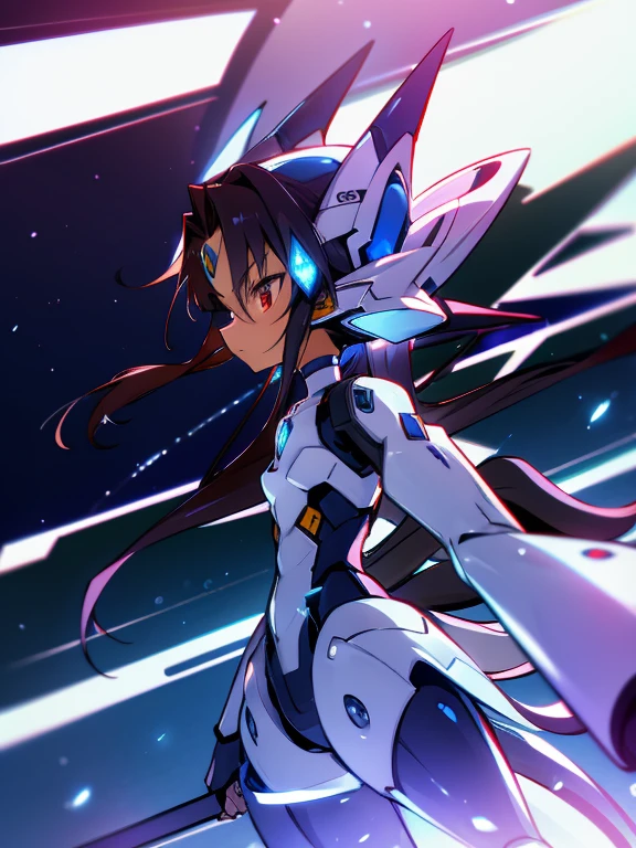 Masterpiece, best quality, highres, amazing quality, tenchi muyo, flat chested, (male), (8 year old boy), (shota), (Dark skin), cute, red eyes, very long dark brown hair, blue gem on forehead, white mecha musume armour, white exosuit armour, black powersuit, white mecha armour legging, long black mecha tail, badass, cool, shounen, close up, standing still, starry sky background