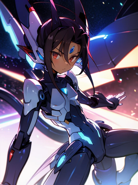 Masterpiece, best quality, highres, amazing quality, tenchi muyo, flat chested, (male), (8 year old boy), (shota), (Dark skin), cute, red eyes, very long dark brown hair, blue gem on forehead, white mecha musume armour, white exosuit armour, black powersuit, white mecha armour legging, long black mecha tail, badass, cool, shounen, close up,  standing still, starry sky background 