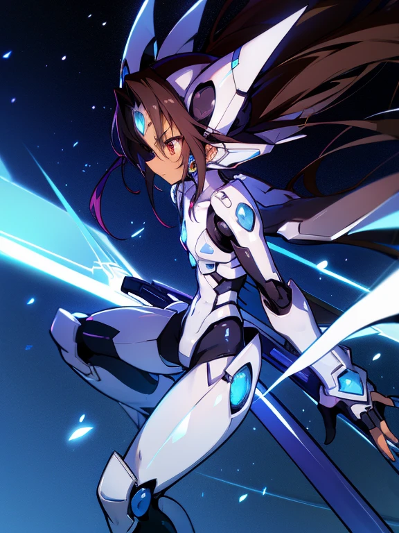 Masterpiece, best quality, highres, amazing quality, tenchi muyo, flat chested, (male), (8  boy), (shota), (Dark skin), cute, red eyes, very long dark brown hair, blue gem on forehead, white mecha musume armour, white exosuit armour, black powersuit, white mecha armour legging, long black mecha tail, badass, cool, shounen, close up,  standing still, starry sky background 