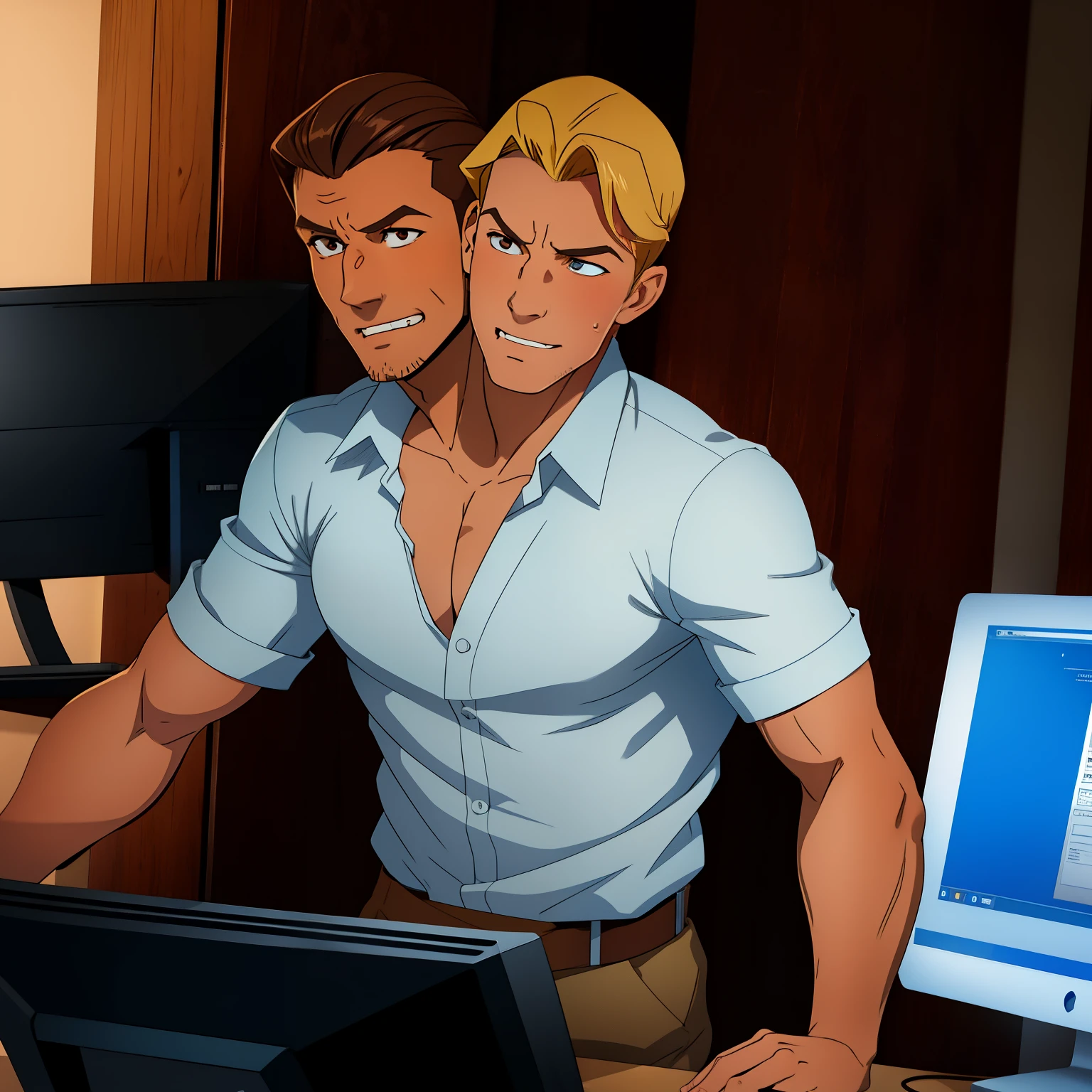 (2heads), skinny 28 year old man with frail physique, blonde, brown hair, stubble, wesring office attire, no shirt, working on computer, concentrated, cubicles background,no body hair, armpits visible