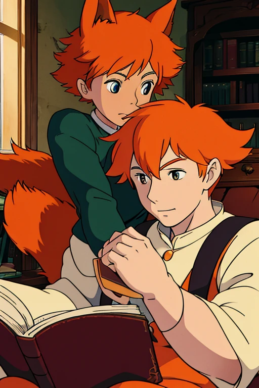 An orange haired man with orange eyes and orange fox ears and an orange fox tail is helping a read.