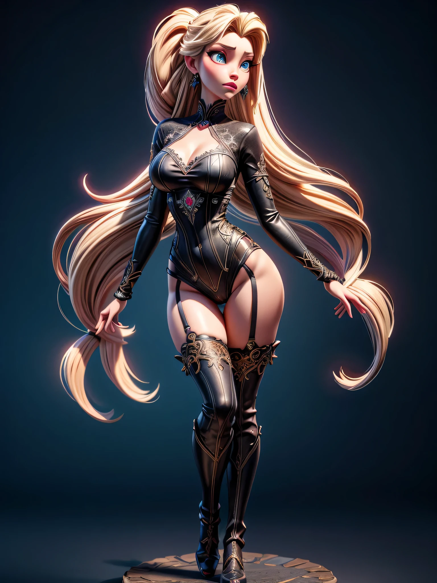 a 3D animation style model shot, fantasy art,  of a Elsa from Frozen, a exquisite beautiful Elsa (masterpiece, extremely detailed, best quality), large breasts, LnF wearing latex thong with thigh high boots (masterpiece, extremely detailed, best quality), topless (masterpiece, extremely detailed, best quality), pale skin, blond hair, long hair,  blue eyes color, jewelry, dynamic background background (masterpiece, extremely detailed, best quality), best realistic, best details, best quality, 16k, [ultra detailed], masterpiece, best quality, (extremely detailed), ultra wide shot, photorealism, depth of field, 3D animation rendering,