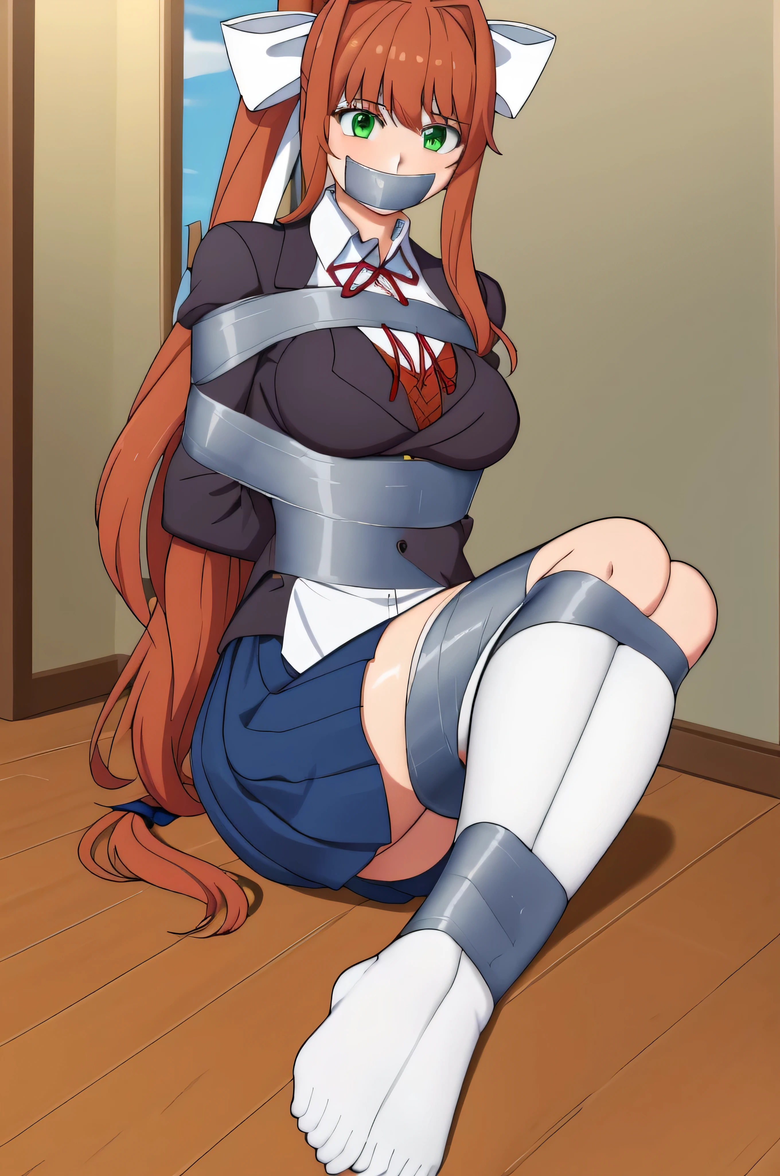 masterpiece, best quality, anime, highly detailed, 1girl, solo, school uniform, classroom, monika, green eyes, brown hair, very long hair, ponytail, hair ribbon, white ribbon, gagged, bound, tied on the floor, kidnapped, bondage, full body view