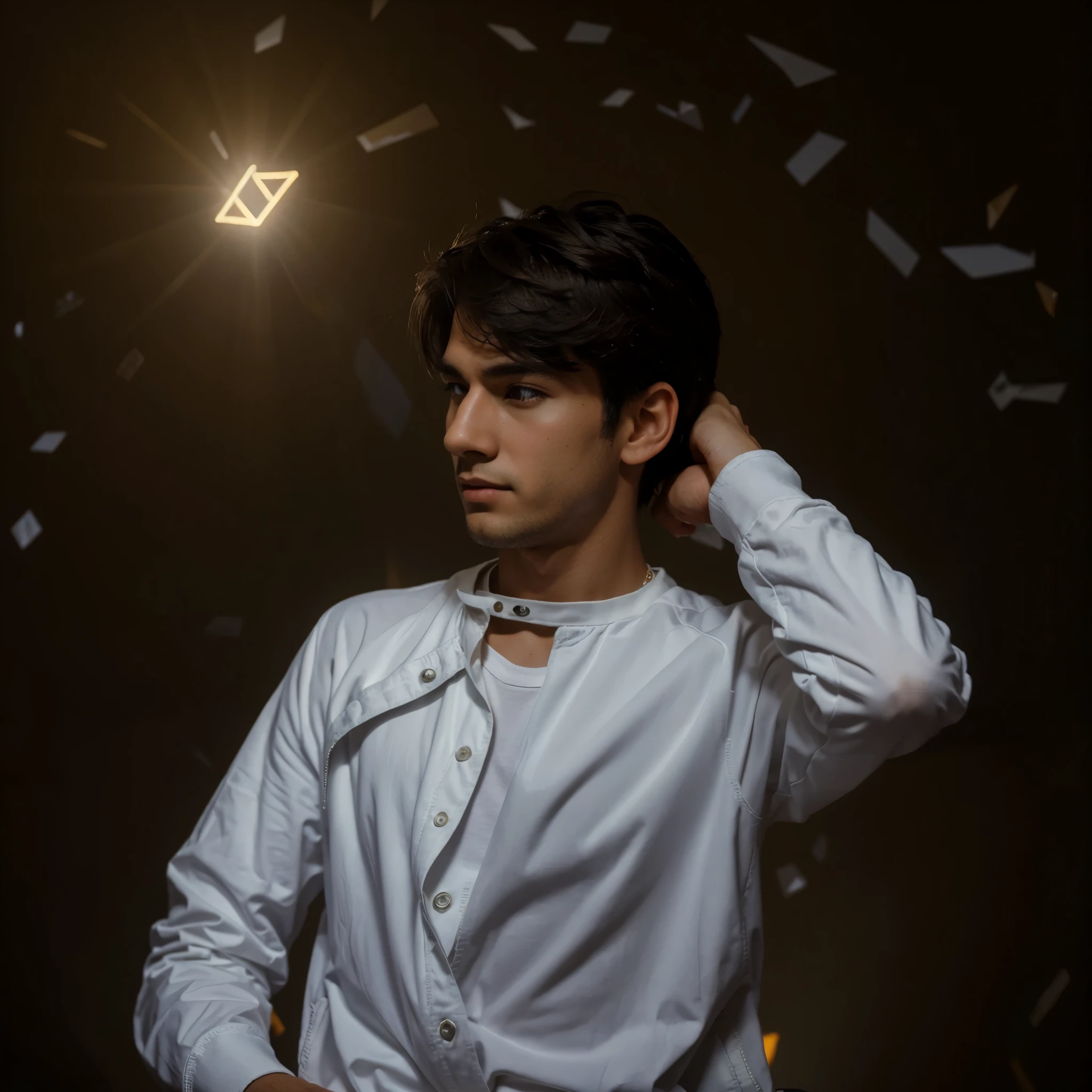 Create a 3D illusion for a profile picture where a 22 Year old cute boy with many hot girl in a diamond jacket pant Sitting casually on a luxurious Wingback bad. Wearing sneakers, with bag, with hot girl, and sunglasses, he looks ahead. The background features "ANOTHER DIMENSION" in big and capital Yellow neon light fonts on the glow white wall. There should not be his shadow, and there are wings to make it appear as if he is an angel. In 8k ultra hd quality. 