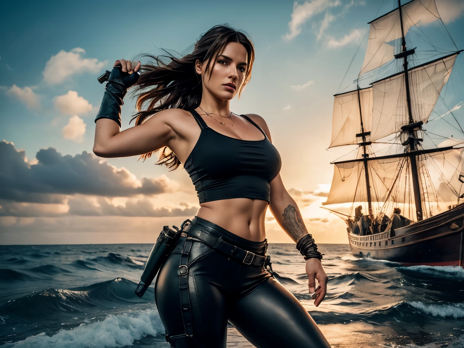 medieval pirate ship offshore in stormy seas setting, ob board with rigging, Lara Croft outfit buccaneer, (Meisterwerk), (best qulaity), (fotorealistisch: 1,3), 8k, detaillierte Hauttextur, beautiful detailed face, komplizierte Details, Sexy Mittelalterliche Lara Croft hair blowing in the wind neckholder top kinky pirate style, sexy leather leggings pirate style, Beautiful Hot Sporty , high heels, skank, dramatic lighting, god ray, dark atmosphere, Foto