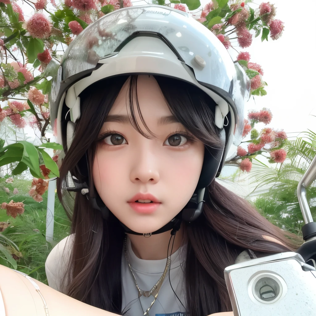 tem uma mulher sentada em uma motocicleta com capacete, Ulzzang, adorable and pale korean face, young lovely korean face, sakimichan, garota cara fofa, dilraba dilmurat, linda mulher sul-coreana, ruan fofo vtuber, com cara fofa - linda, usando seu capacete