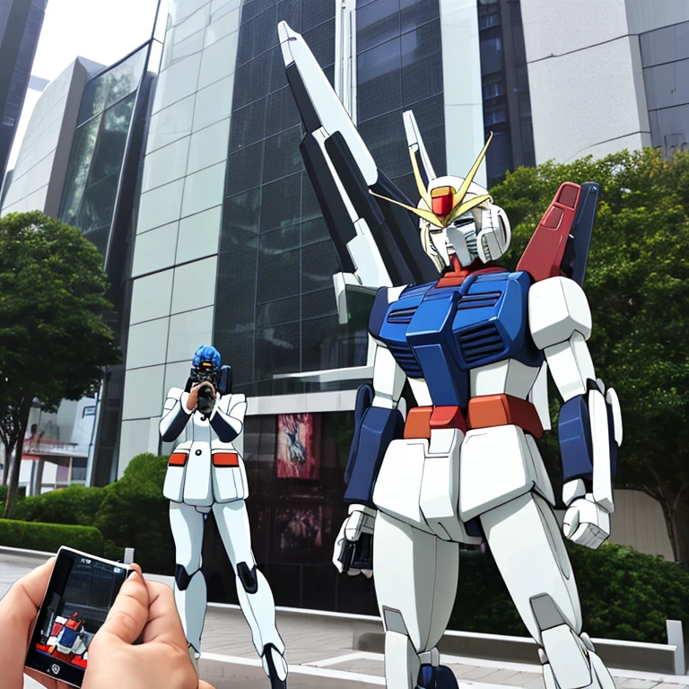 A man taking photo of gundam figures
