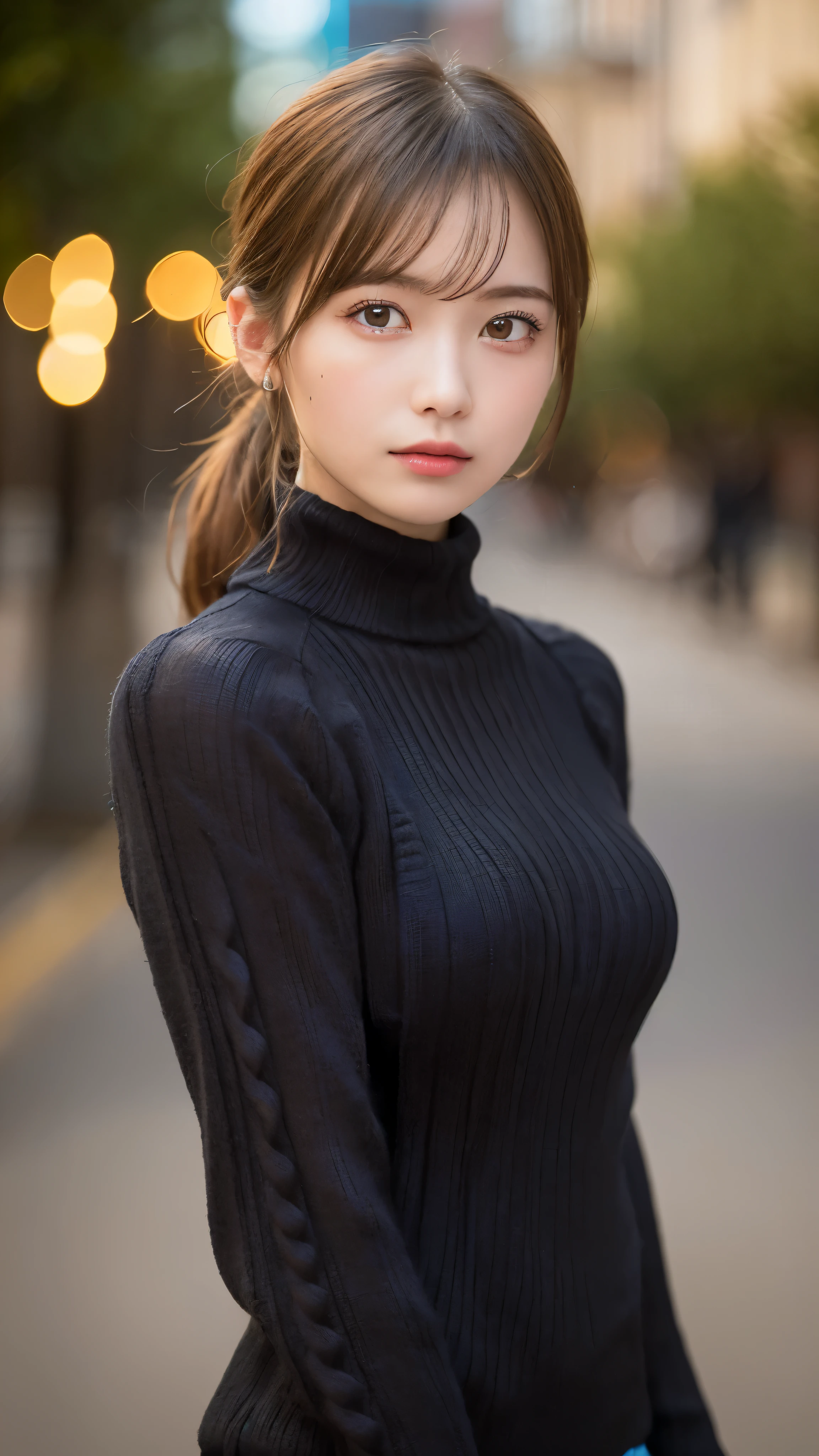 (masterpiece:1.5)、(realistic:1.5)、(highest quality:1.4、8K、RAW photo)、
ultra high resolution、professional lighting、perfect dynamic composition、Shooting outdoors、
film grain、chromatic aberration、(Bokeh:1.1)、blur the background、
Frank、Sophisticated、charm、超realistic、high detail、golden ratio、perfect anatomy、
(1 girl)、slender girl、繊細でcharm女の子、cute woman:1.4、
serious expression、looking at the viewer、Mr..々Pause、
light brown hair、shining hair、(Hair style is ponytail)、
skin that looks real、
close your mouth、fine eyes、double eyelid、thin arms、、
(wearing a black knit turtleneck sweater:1.4)
