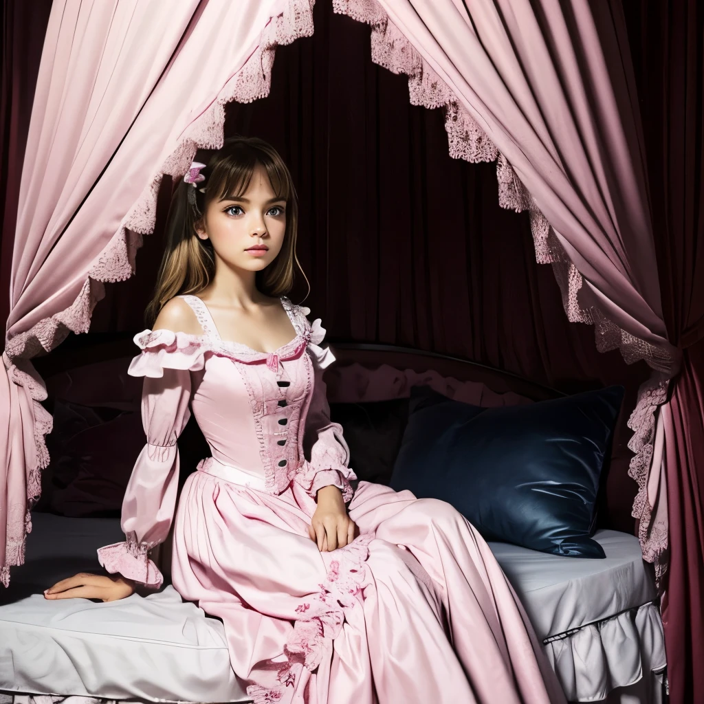 Photography,realistic,highest quality, masterpiece, highest resolution, artwork, super それにget used to it, many get used to it, get used to it, それにget used to it,(), (),(cute girl),(),((white skins)),((blond hair)),((blue eyes)),the girl is a princess,((girly dark pink satin fabric)), ((A Victorian ballgown princess dress with plenty of pink ruffles and bows and a voluminous full-length hoop skirt.)),long sleeve,long dress,A dress with lots of frills and ribbons..,luxury, ((Palace bedroom)), ((Huge luxury victorian canopy king size princess’s bed)), lots of frilly pillows,ruffle bed skirt,sitting on the bed,high quality beautiful girl,high quality dress,high quality princess’s bed,