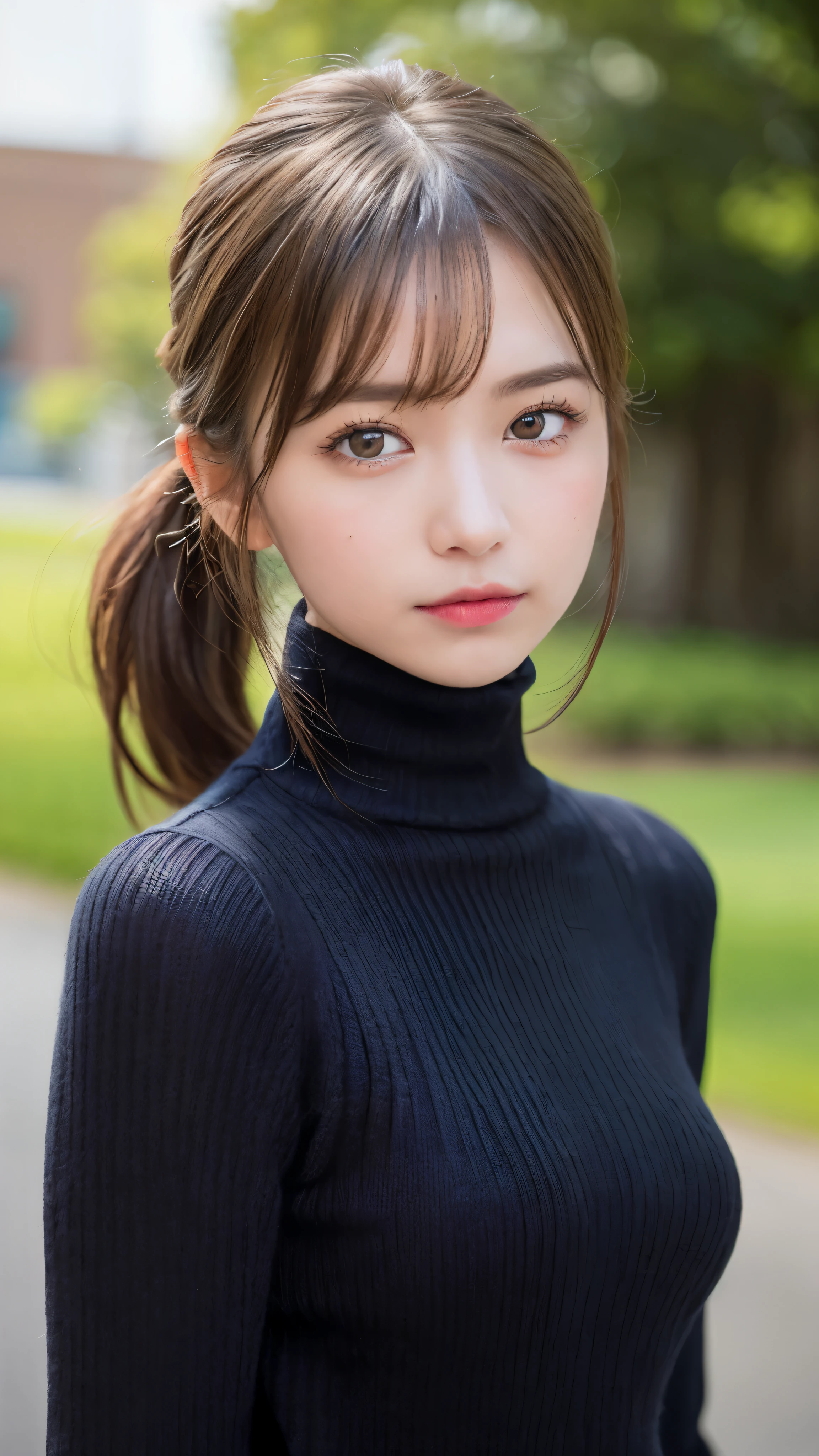 (masterpiece:1.5)、(realistic:1.5)、(highest quality:1.4、8K、RAW photo）、
ultra high resolution、professional lighting、perfect dynamic composition、Shooting outdoors、
film grain、chromatic aberration、(Bokeh:1.1)、blur the background、
Frank、Sophisticated、charm、超realistic、high detail、golden ratio、perfect anatomy、
(1 girl)、slender girl、繊細でcharm女の子、cute woman:1.4、
serious expression、looking at the viewer、Mr..々Pause、
light brown hair、shining hair、(Hair style is ponytail)、
skin that looks real、
close your mouth、fine eyes、double eyelid、thin arms、、
(wearing a black knit turtleneck sweater:1.4)
