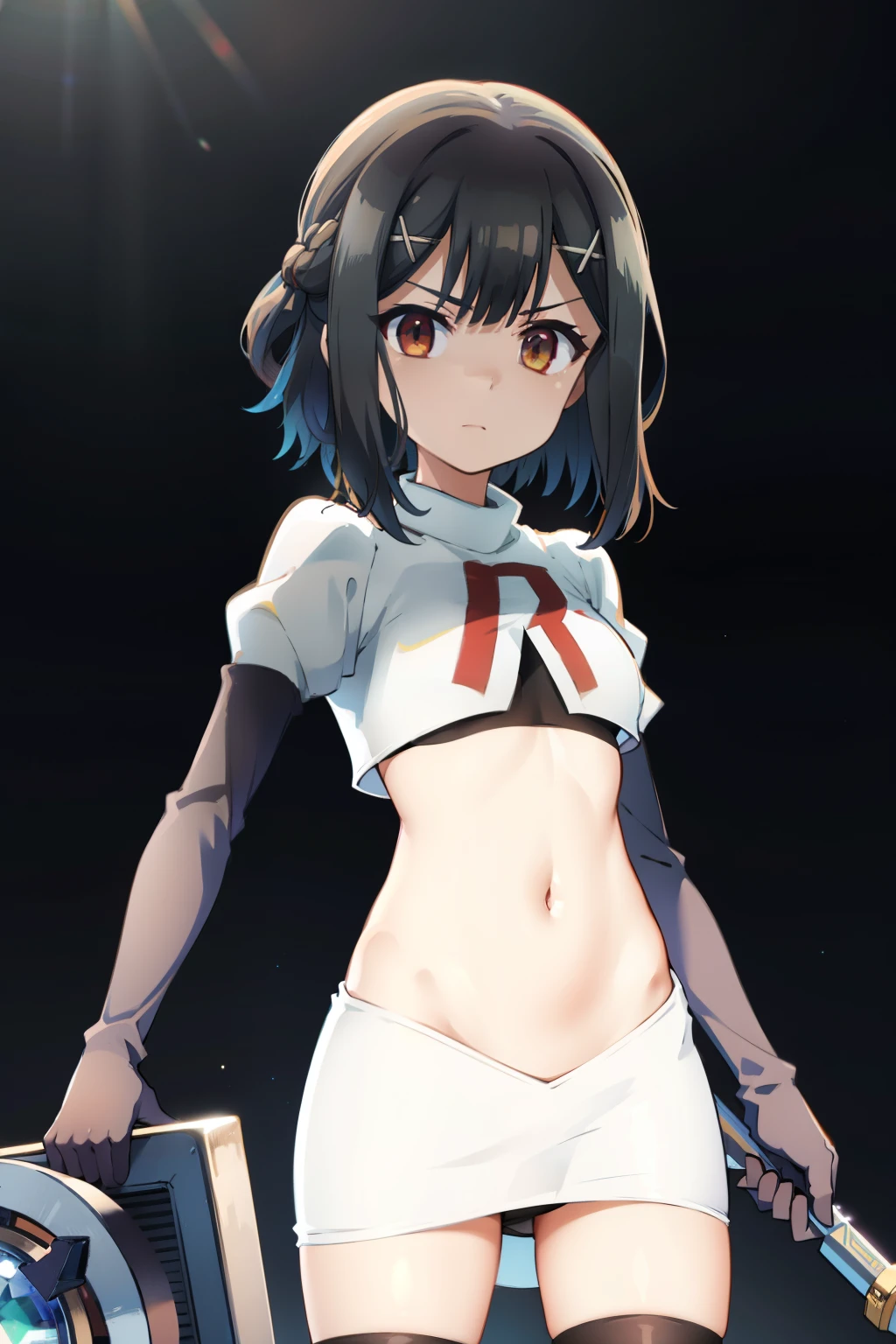 masterpiece, best quality, (colorful),(delicate eyes and face), volumetric light, ray tracing, extremely detailed CG unity 8k wallpaper, miyu edelfelt, magicalgirluniform, 1girl, solo, breasts, looking at viewer, twintails, small breasts, magical girl, x hair ornament, team rocket,team rocket uniform, red letter R, white skirt,white crop top,black thigh-highs,black elbow gloves