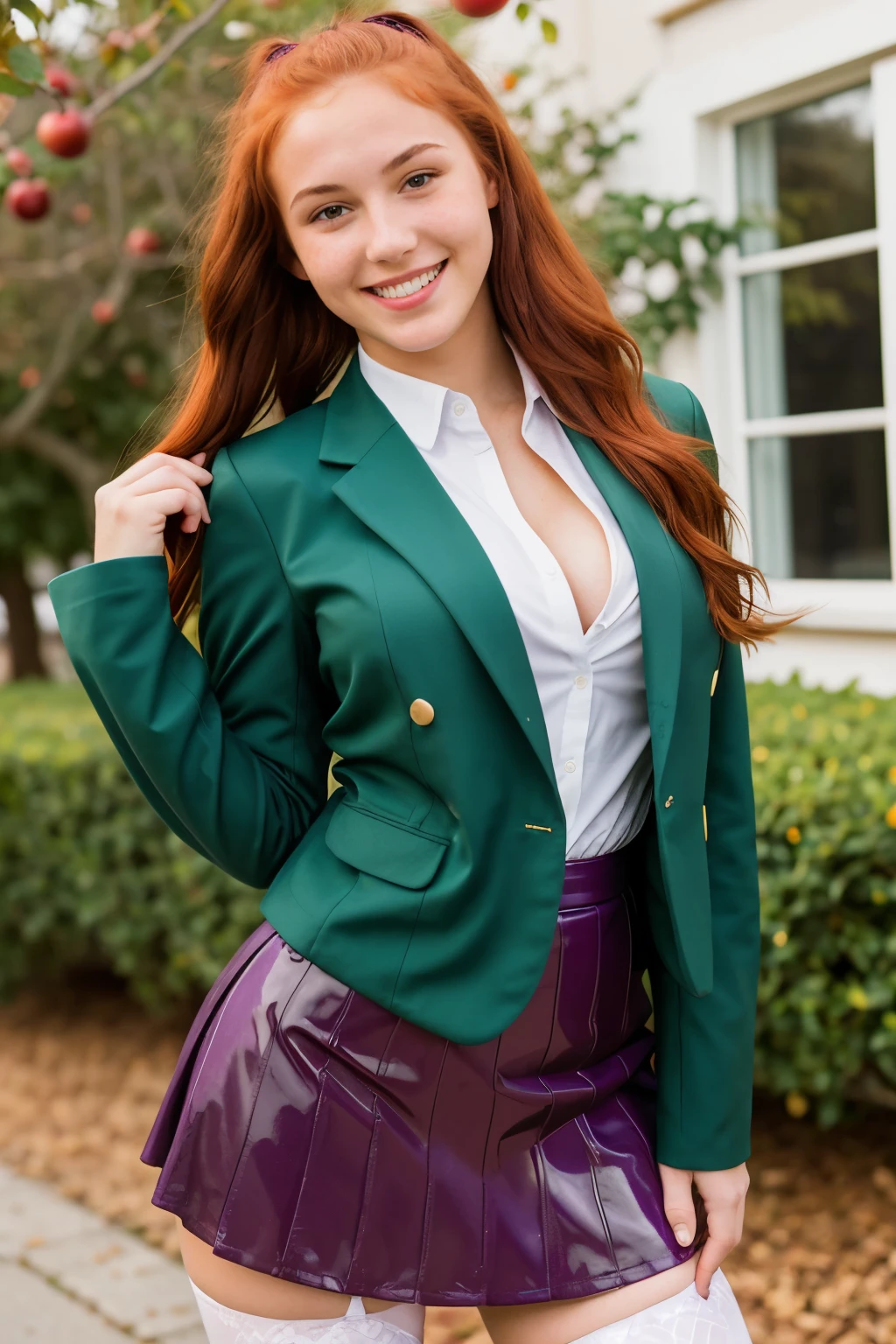 Full-length photograph of a sensual 15-year-old girl, red hair tied up, PURPLE EYES slightly freckled and smiling face, EYES GREEN, big breasts, "(((perfect hands)))", bouncy figure, tight things, strong thighs ((action packed)), fit body, fit ass, LATEX PATTERN SCHOOL BABY, BLAZER, SKIRT, THIGHHIGHS, APPLE METALICO