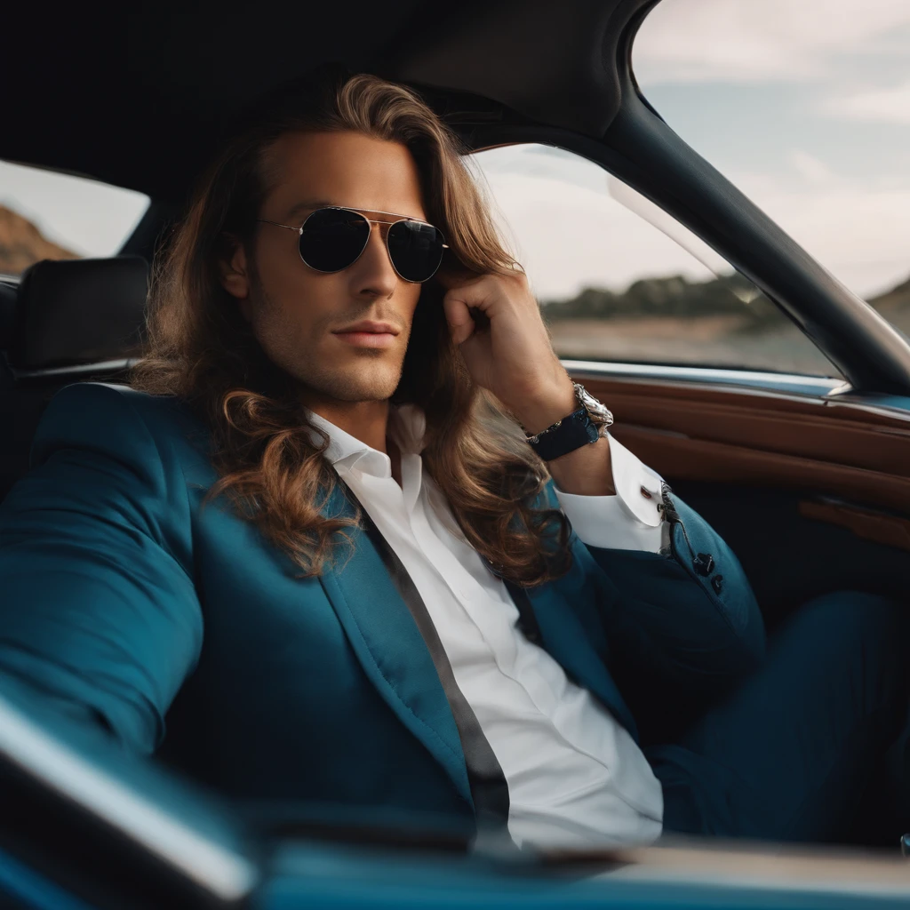 blue eyes,long hair,male,attractive,in the car,smirk,sunglasses