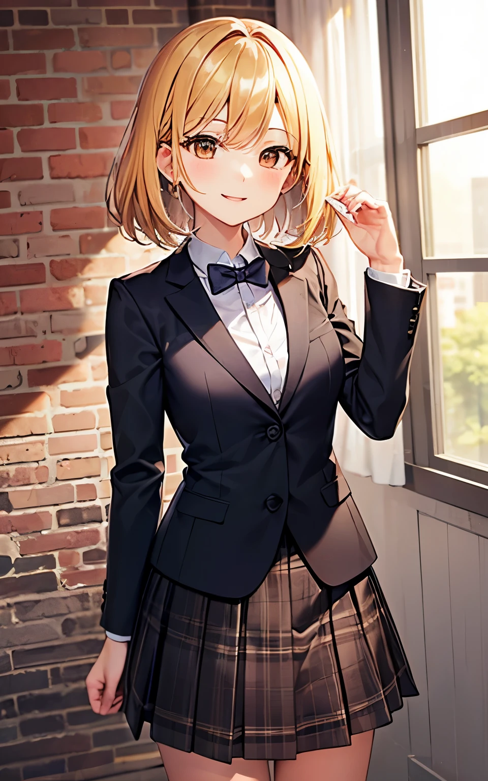 Golden hair、medium hair、brown eyes、In a brick room、suit、skirt、smile、beautiful girl、standing position、