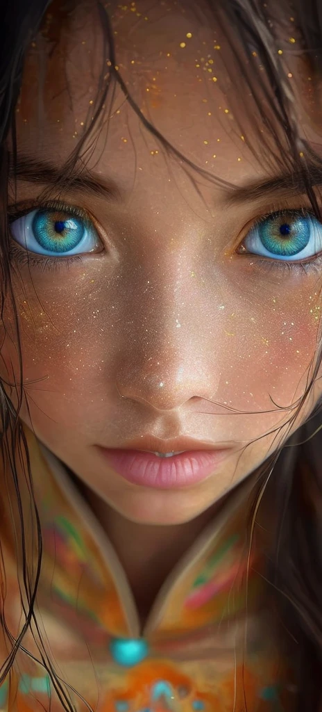 un primer plano de una joven con ojos azules y una camisa amarilla, ojos azules brillantes, Arte digital ultrarrealista, arte digital altamente realista, Arte digital hiperrealista, hyperrealistic fantasy art, Arte digital ultrarrealista, ojos azules brillantes, Arte digital hiperrealista, ojos azules brillantes, Arte digital ultra realista, beautiful photorealistic imagery, pintura digital hiperrealista