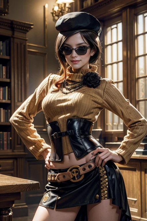 (masterpiece,stunning girlfriend, (standing:1.1), dynamic pose, heart shaped face, elegant face, beautiful face, highly detailed face, highly detailed skin, skin pores, subsurface scattering, realistic pupils, loving smile, looking at viewer, full face blush, full lips, detailed background, depth of field, atmospheric perspective, volumetric lighting, sharp focus, absurdres, realistic proportions, good anatomy, (realistic, hyperrealistic:1.4), 16k hdr, (masterpiece, best quality:1.2), cowboy shot, solo, 1girl, coco adel, grin, looking at viewer, hand on hip, beret, orange sweater, corset, black gloves, skirt, jewelry, belt, bandolier, sunglasses, night, moon, standing in library, large windows ((sfw))