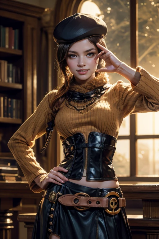 (masterpiece,stunning girlfriend, (standing:1.1), dynamic pose, heart shaped face, elegant face, beautiful face, highly detailed face, highly detailed skin, skin pores, subsurface scattering, realistic pupils, loving smile, looking at viewer, full face blush, full lips, detailed background, depth of field, atmospheric perspective, volumetric lighting, sharp focus, absurdres, realistic proportions, good anatomy, (realistic, hyperrealistic:1.4), 16k hdr, (masterpiece, best quality:1.2), cowboy shot, solo, 1girl, coco adel, grin, looking at viewer, hand on hip, beret, orange sweater, corset, black gloves, skirt, jewelry, belt, bandolier, sunglasses, night, moon, standing in library, large windows ((sfw))