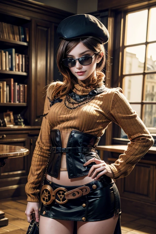 (masterpiece,stunning girlfriend, (standing:1.1), dynamic pose, heart shaped face, elegant face, beautiful face, highly detailed face, highly detailed skin, skin pores, subsurface scattering, realistic pupils, loving smile, looking at viewer, full face blush, full lips, detailed background, depth of field, atmospheric perspective, volumetric lighting, sharp focus, absurdres, realistic proportions, good anatomy, (realistic, hyperrealistic:1.4), 16k hdr, (masterpiece, best quality:1.2), cowboy shot, solo, 1girl, coco adel, grin, looking at viewer, hand on hip, beret, orange sweater, corset, black gloves, skirt, jewelry, belt, bandolier, sunglasses, night, moon, standing in library, large windows ((sfw))