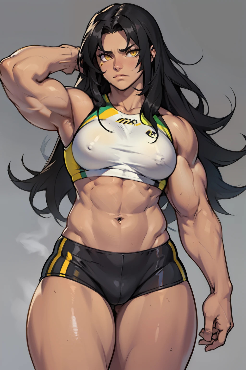 girl ((muscular)) thick thighs toned body breastsblack hair yellow eyes athletic sad extremely long hair