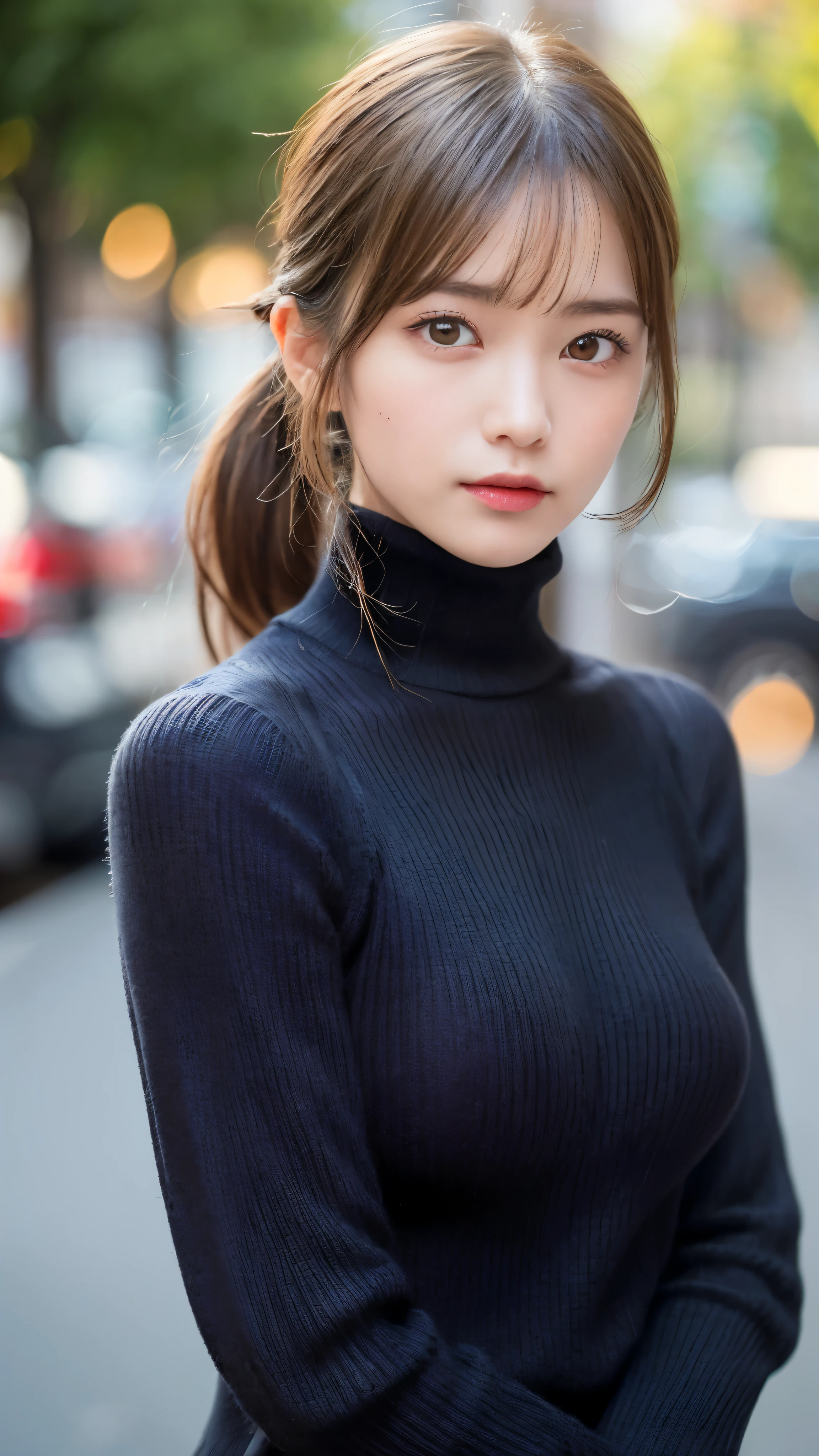 (masterpiece:1.5)、(realistic:1.5)、(highest quality:1.4、8K、RAW photo)、
ultra high resolution、professional lighting、perfect dynamic composition、Shooting outdoors、
film grain、chromatic aberration、(Bokeh:1.1)、blur the background、
Frank、Sophisticated、charm、超realistic、high detail、golden ratio、perfect anatomy、
(1 girl)、slender girl、繊細でcharm女の子、cute woman:1.4、
serious expression、looking at the viewer、Mr..々Pause、
light brown hair、shining hair、(Hair style is ponytail)、
skin that looks real、
close your mouth、fine eyes、double eyelid、thin arms、、
(wearing a black knit turtleneck sweater:1.3)