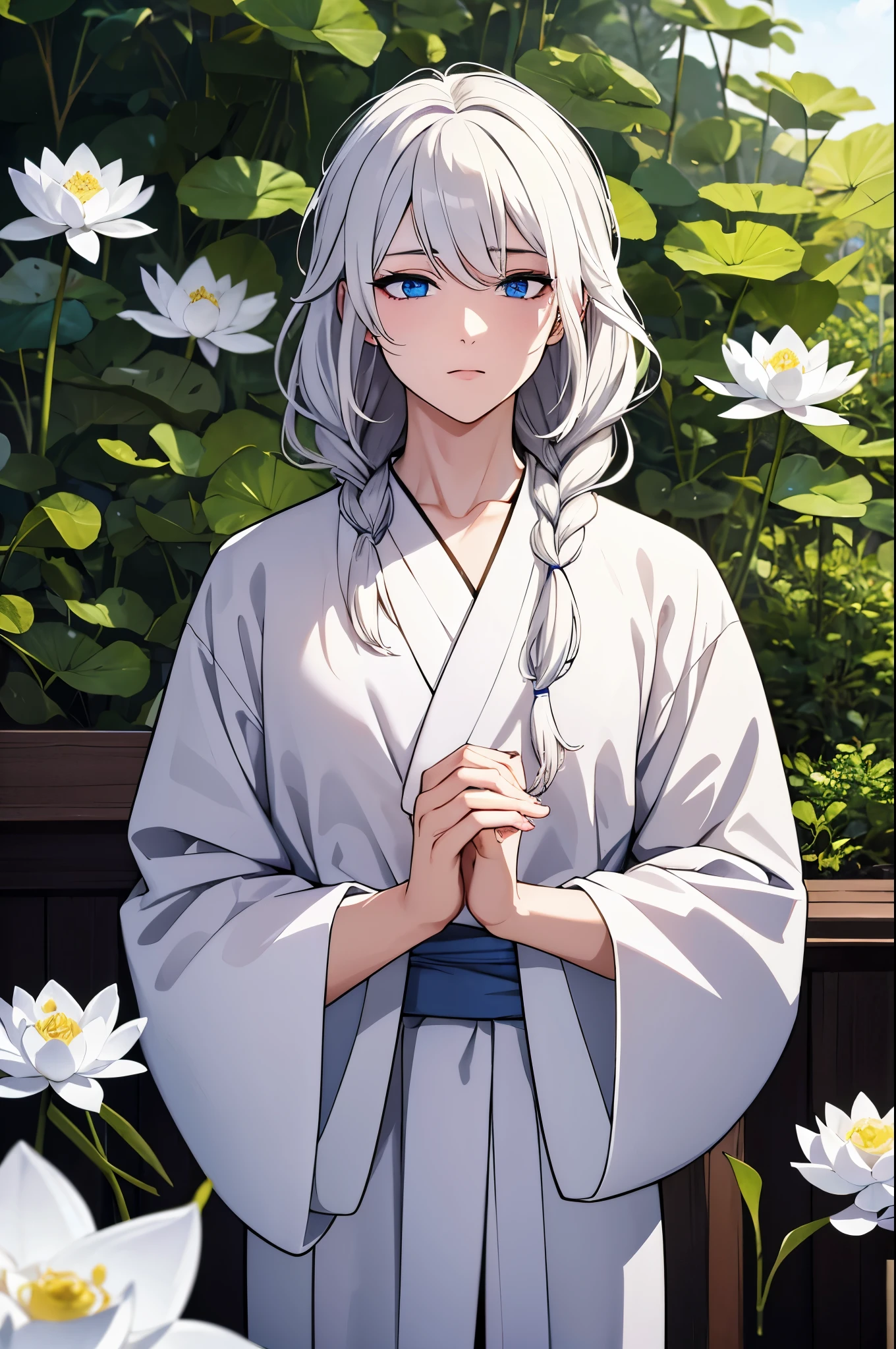 detailed eyes, detailed eye, detailed face, UHD, retina, ccurate, anatomically correct, textured skin, super detail, award winning, highres, best aesthetic, ultra high res, distinct, ultra detailed, best quality, high quality, ultra quality, 16k, high details, high resolution, detailed, masterpiece, beautiful, detailed skin, yaoi, （full body）, （1 cuntboy）, white hair, right braid loose side tail hair, wavy hair, right braid loose side tail wavy white hair, blue eyes, sleepy eyes, double eyelid, white lotus, white lotus kimono, white lotus hair ornaments, （beautiful cuntboy with right braid loose side tail wavy white hair holding a white lotus flower）