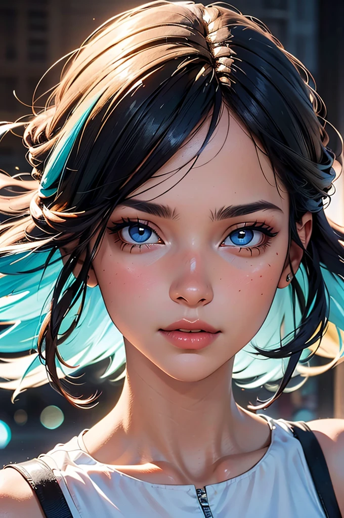 un primer plano de una joven con ojos azules y una camisa amarilla, ojos azules brillantes, Arte digital ultrarrealista, arte digital altamente realista, Arte digital hiperrealista, hyperrealistic fantasy art, Arte digital ultrarrealista, ojos azules brillantes, Arte digital hiperrealista, ojos azules brillantes, Arte digital ultra realista, beautiful photorealistic imagery, pintura digital hiperrealista