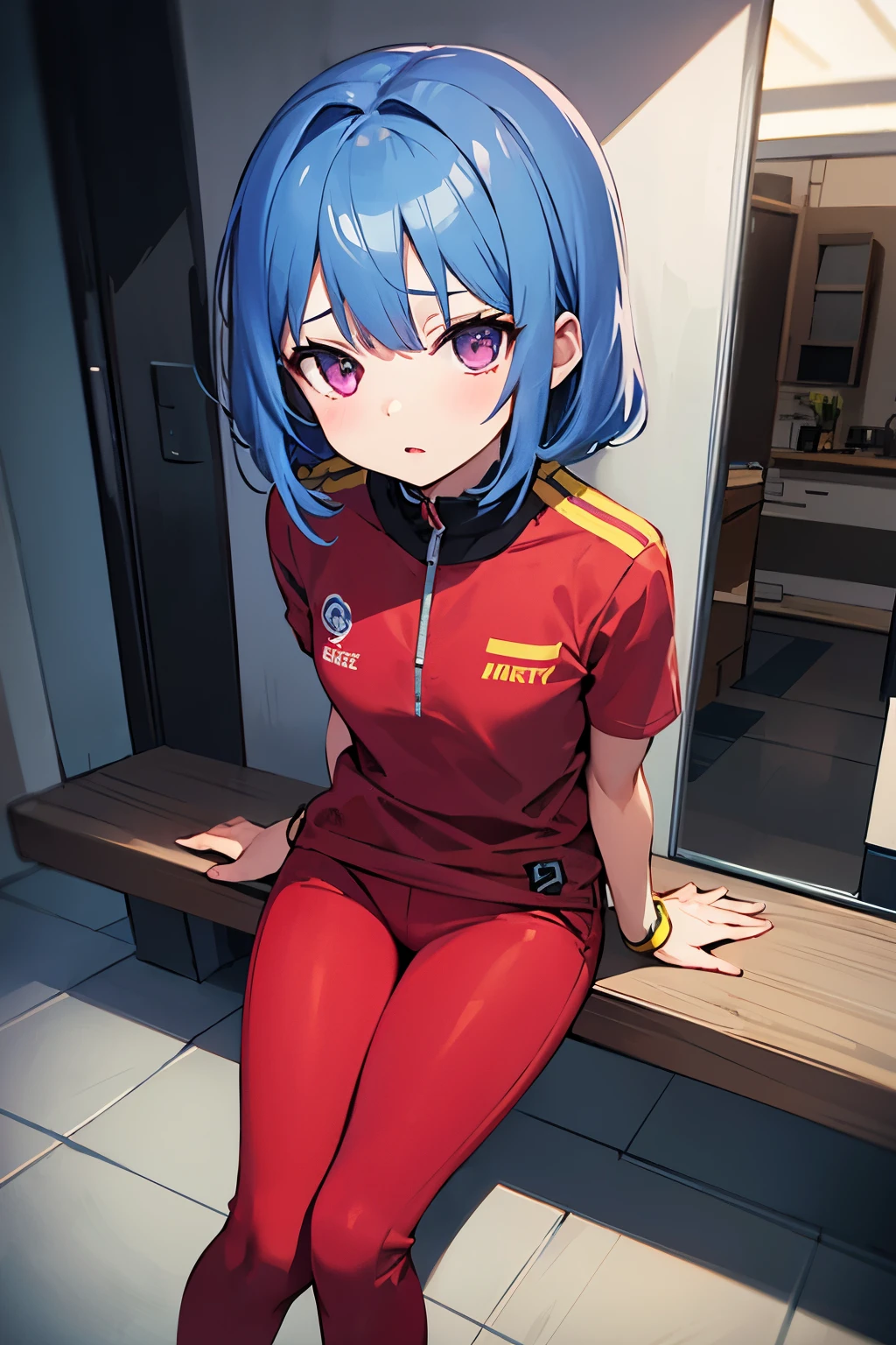 Masterpiece, best quality, 1girl, blue hair, violet eye, red clothes, yellow pants,ncity, modern, cyber