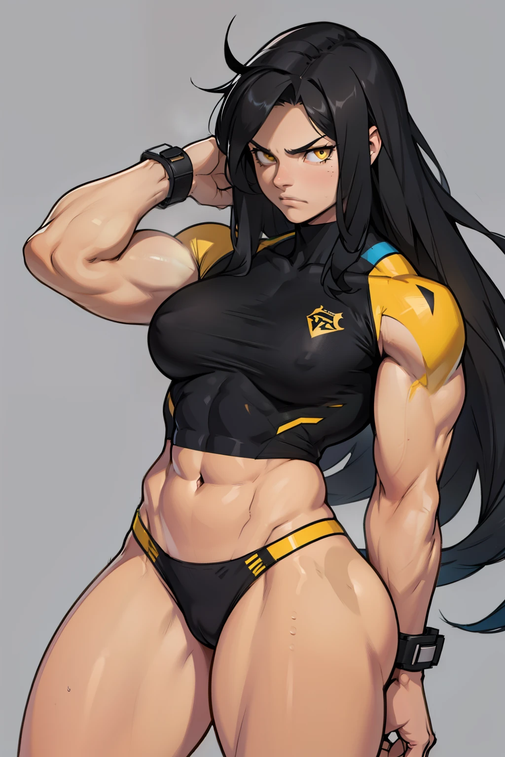 girl ((muscular)) thick thighs toned body breastsblack hair yellow eyes athletic sad extremely long hair perfect anatomy best quality