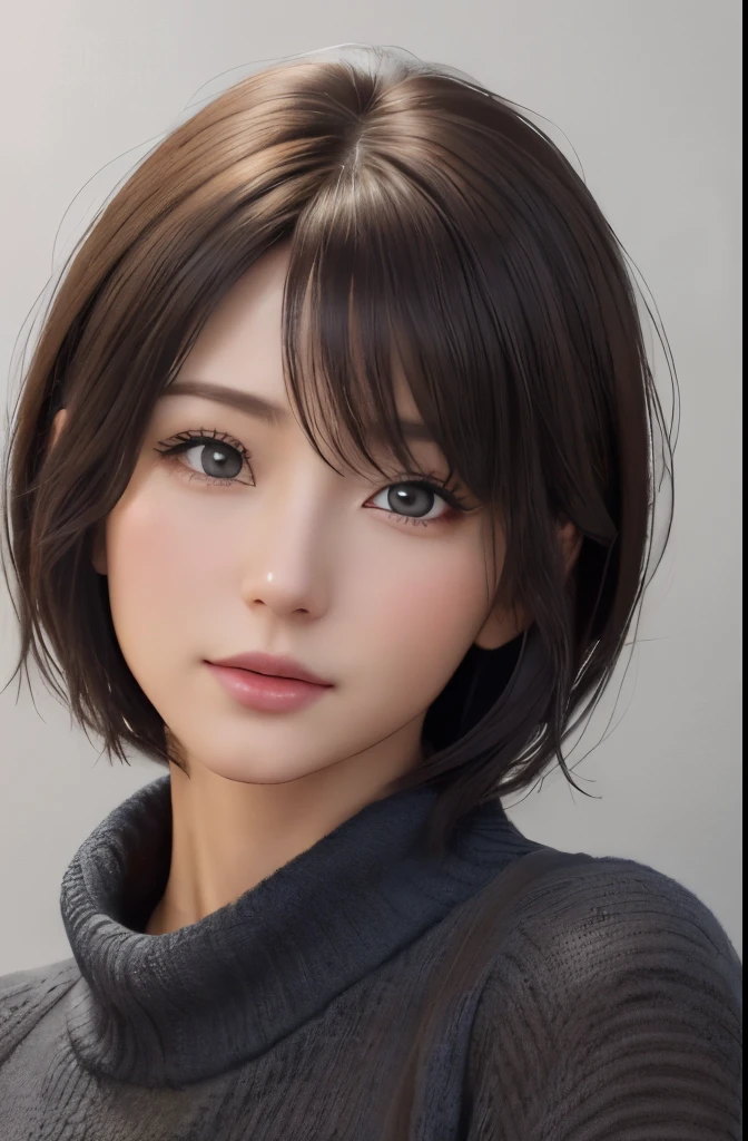 (Representative works:1.3)、(8k、photorealistic、Raw photo、Highest image quality:1.4)、(30 years old mature woman)、small face、beautiful face、(realistic face)、no makeup、natural makeup、Light makeup、 (Dark brown、short hair:1.3)、beautiful hairstyle、realistic eyes、beautiful detailed eyes、 (photorealisticな肌)、beautiful skin、 (sweater),,Bust B cup、 Disorganized、 charm, 超High definition, Super realistic, High definition, Golden Ratio FF Tifa、Gray background、