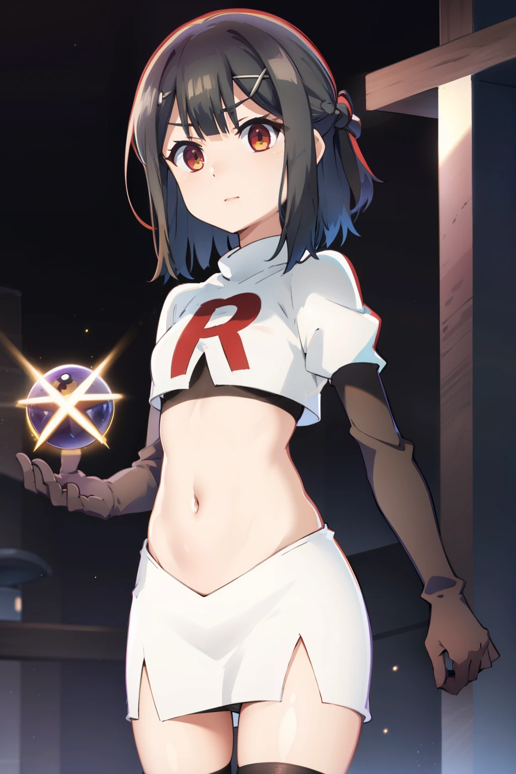 masterpiece, best quality, (colorful),(delicate eyes and face), volumetric light, ray tracing, extremely detailed CG unity 8k wallpaper, miyu edelfelt, magicalgirluniform, 1girl, solo, breasts, looking at viewer, twintails, small breasts, magical girl, x hair ornament, team rocket,team rocket uniform, red letter R, white skirt,white crop top,black thigh-highs,black elbow gloves