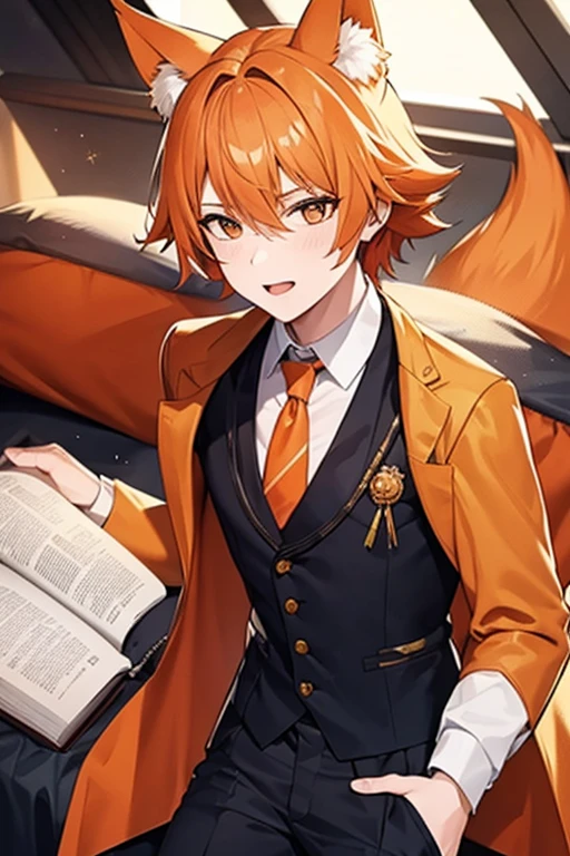 An orange haired man with orange eyes and orange fox ears and an orange fox tail is helping a read in a nice suit