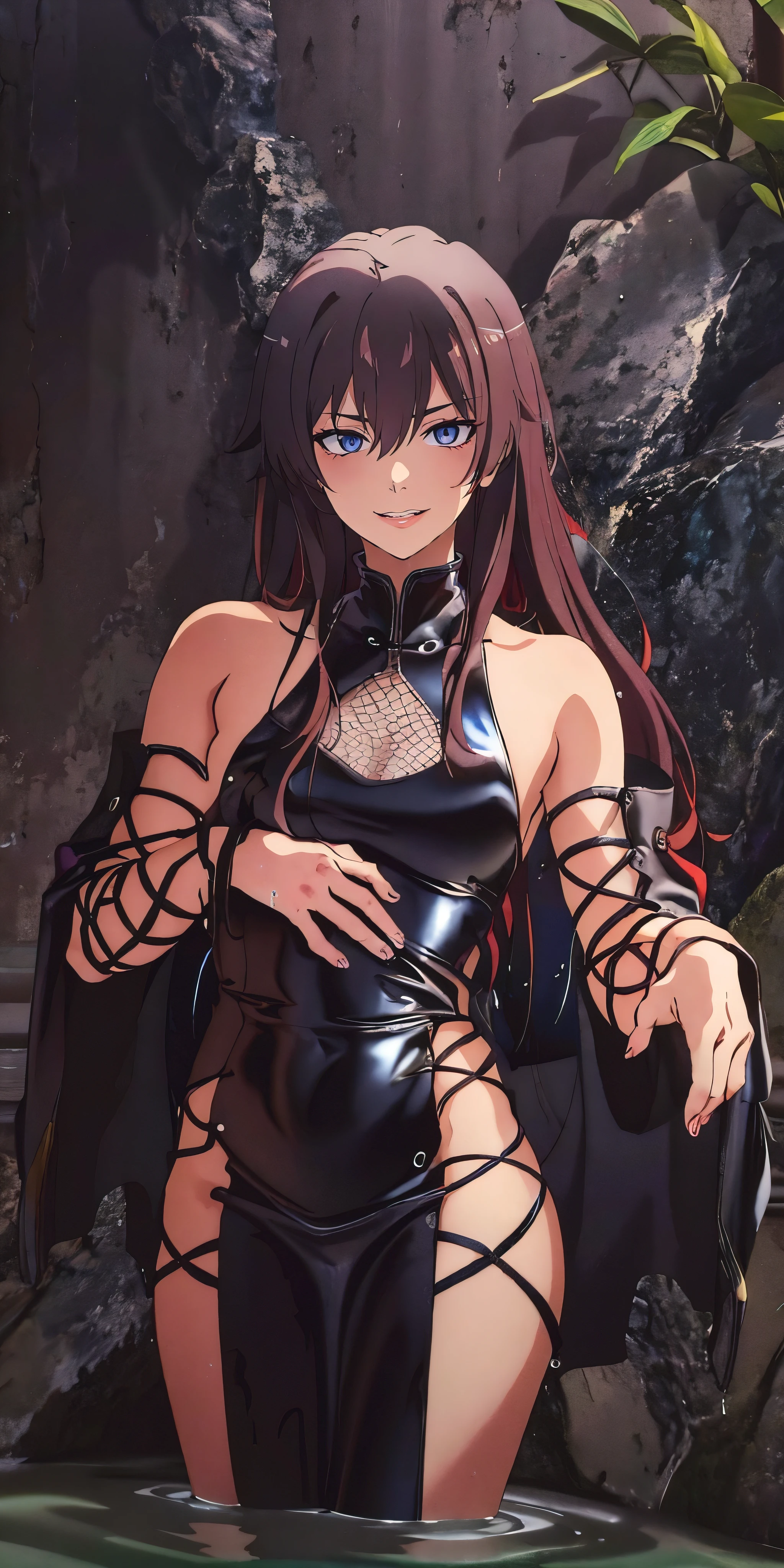 yukinoshita yukino, natomically correct, best quality, masterpiece, high quality, high details, highres, HD, (shaded face:1.2), hollow eyes, purple eyes, looking at viewer, heavy breathing, smirk, upper teeth, black hair, long hair, latex dress, sideless outfit, arm guards, latex thighihighs, fishnets, cross-laced clothes, sweating, wet, a woman is standing in the water, a character portrait, pixiv contest winner, anime portrait of a handsome girl, official fanart behance hd, wearing a grey robe, chinese painting style
