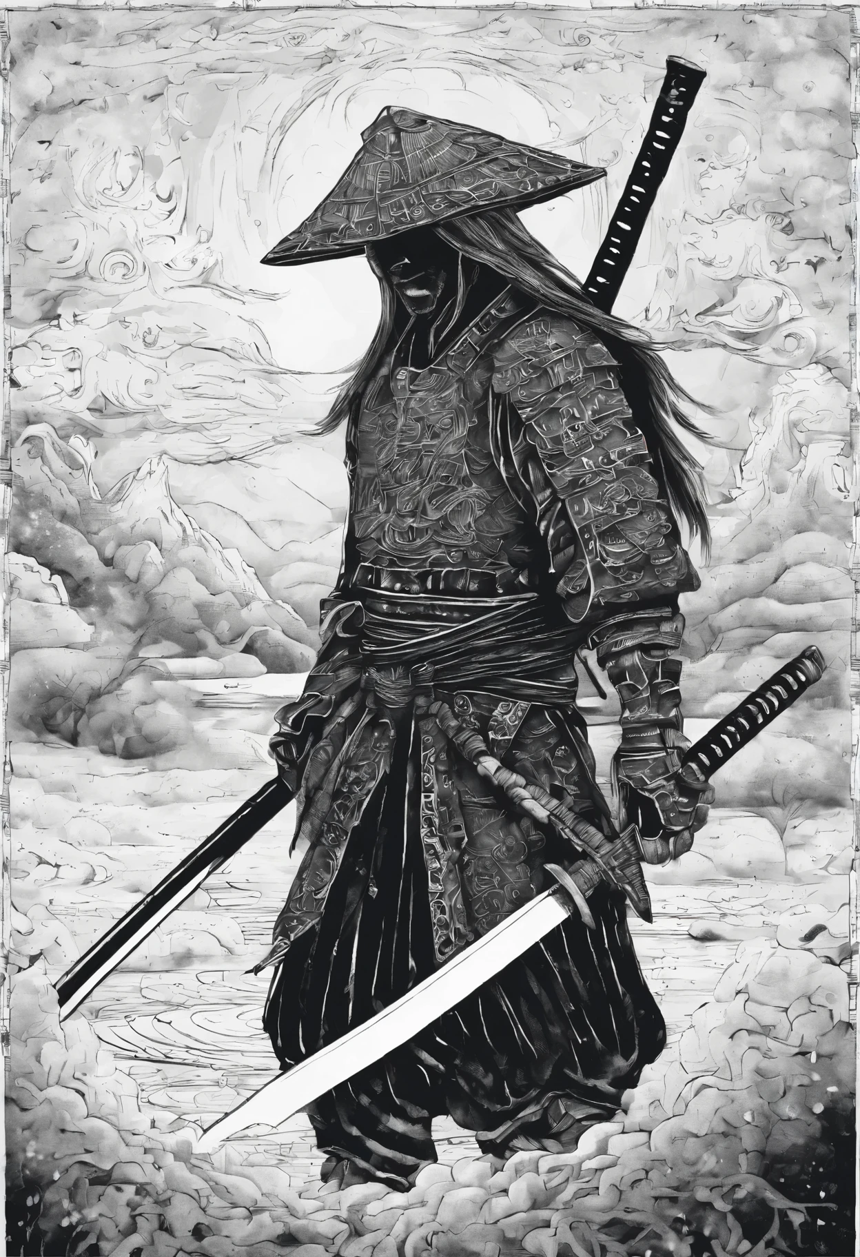 The samurai holds a katana, Starry skies and mist shroud the landscape.
