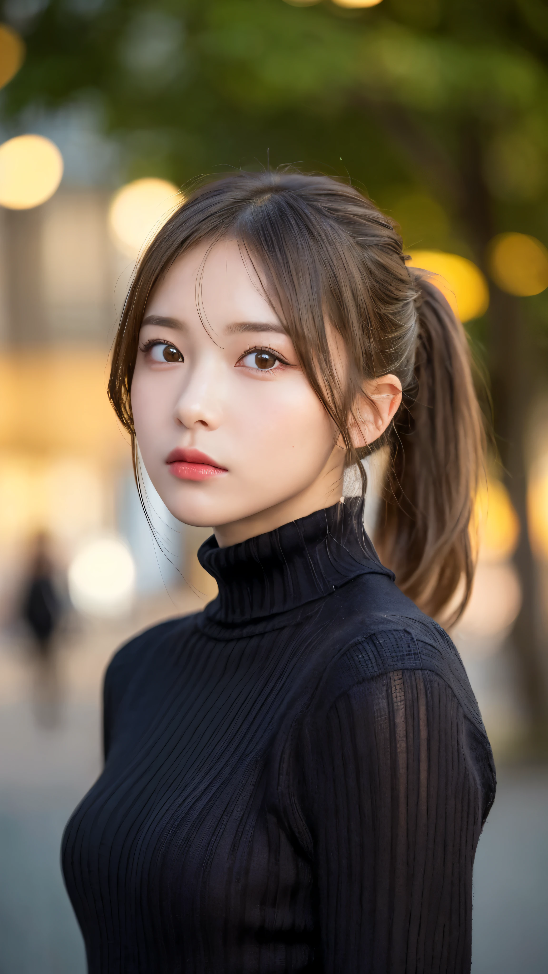 (masterpiece:1.5)、(realistic:1.5)、(highest quality:1.4、8K、RAW photo）、
ultra high resolution、professional lighting、perfect dynamic composition、Shooting outdoors、
film grain、chromatic aberration、(Bokeh:1.1)、blur the background、
Frank、Sophisticated、charm、超realistic、high detail、golden ratio、perfect anatomy、
(1 girl)、slender girl、繊細でcharm女の子、cute woman:1.4、
serious expression、looking at the viewer、Mr..々Pause、
light brown hair、shining hair、(Hair style is ponytail)、
skin that looks real、
close your mouth、fine eyes、double eyelid、thin arms、、
(wearing a black knit turtleneck sweater:1.3)