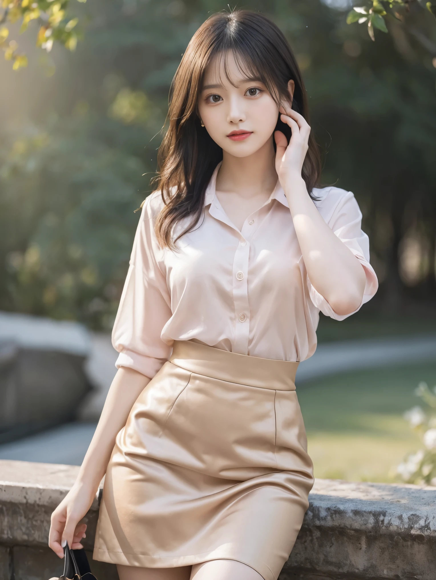 master piece,highest quality,official art,Highly detailed CG Unity 8K wallpaper,Like a ,very delicate and beautiful,ultra high resolution,(Realistic:1.4),golden hour lighting,(Upper body),(platinum short hair:0.8),(puffy eyes),looking at the viewer,Facing Front,JK skirt,pink dress,shirt boosts long black hair