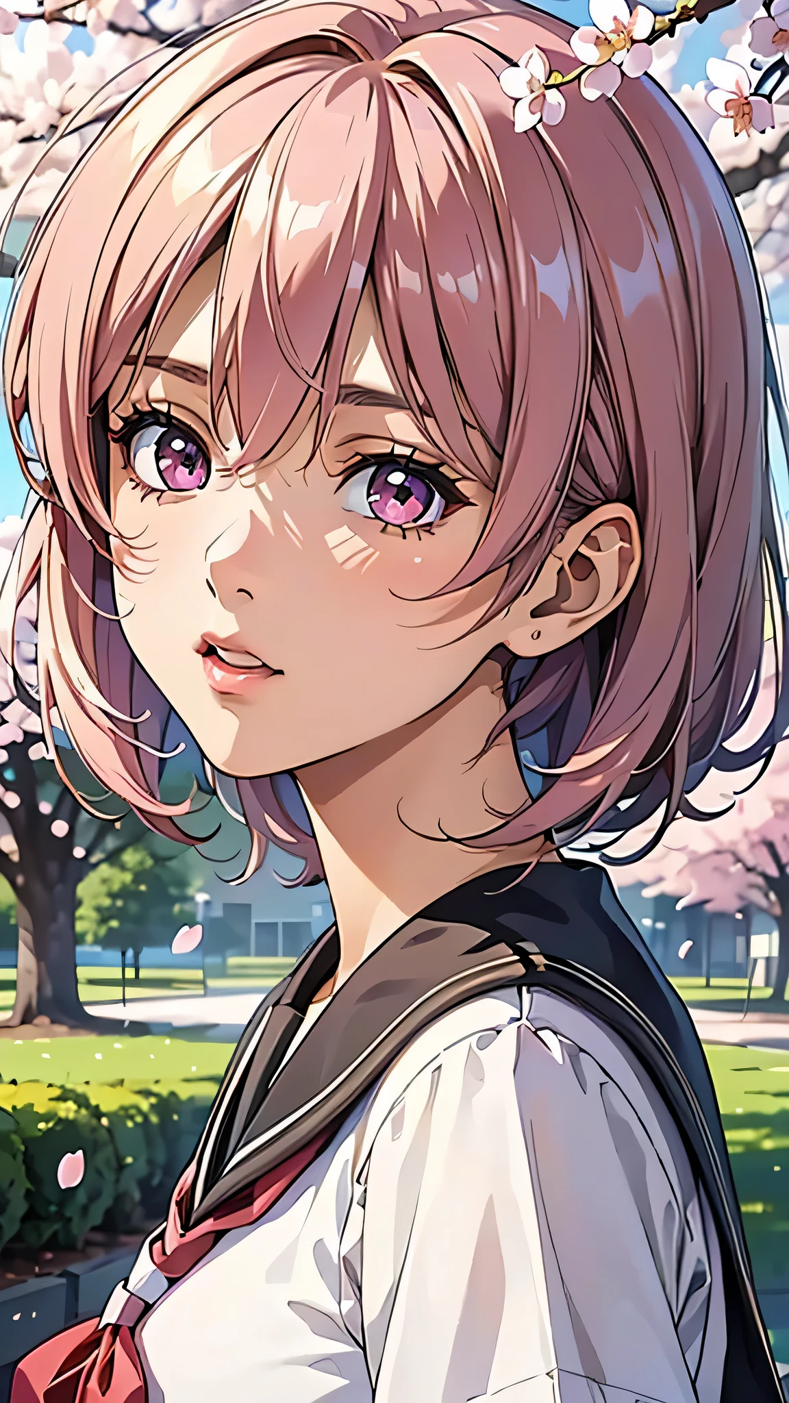 (1young girl), Amazing face and eyes, Pink eyes, (amazingly beautiful girl), (Best Quality:1.4), (Ultra-detailed), (extremely detailed CG unified 8k wallpaper), Highly detailed, High-definition raw color photos, Professional Photography, sailor uniform, school uniform, School, Spring, cherry blossoms,