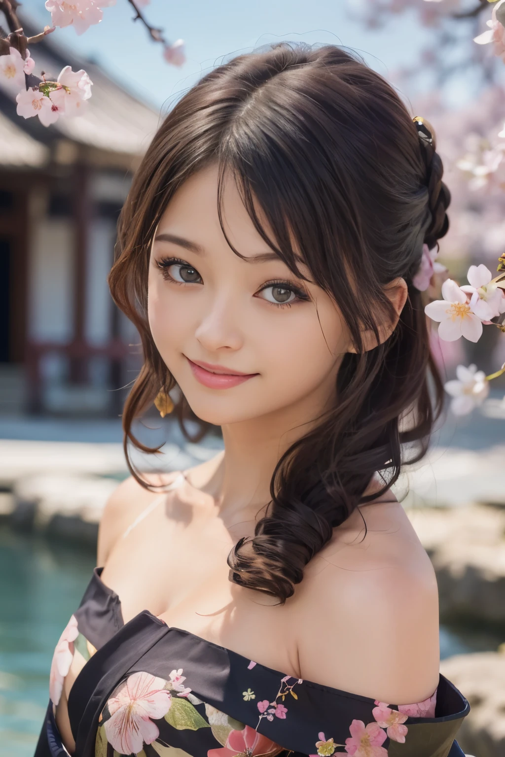 1girl, kawaii, extremely cute face, Amazing face and eyes, (highly detailed eyes, highly detailed face), (floral pattern kimono:1.2), (kimono with open front), (bare shoulders), caute smile, (best quality:1.4), (Ultra realistic, high res), Raw photo, (realistic, photo-realistic:1.37), professional photography, cinematic light, Temple, cherry blossoms,