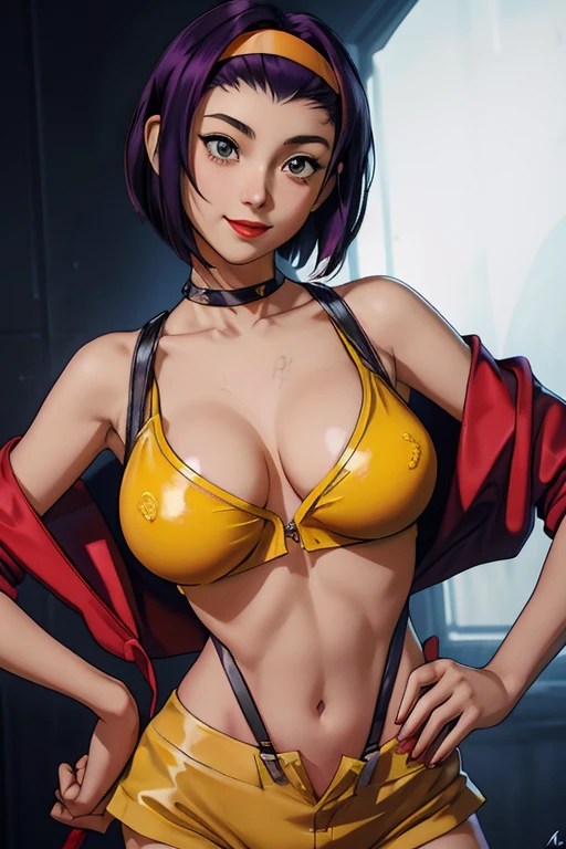 Faye Valentine, 1girl, dark purple hair, breasts, chain, exposed breasts, jazz club background, hairband, hand on hip, hands on hips, headband, jacket, medium breasts, midriff, nail polish, navel, off shoulder, orange bikini, red jacket, orange shorts, short hair, short shorts, shorts, fishnet stockings, signature, smile, solo, yellow hairband, yellow shorts, high res, detailed, intricate, stunning artwork, photo quality, exposed breasts, nipples, flashing breasts