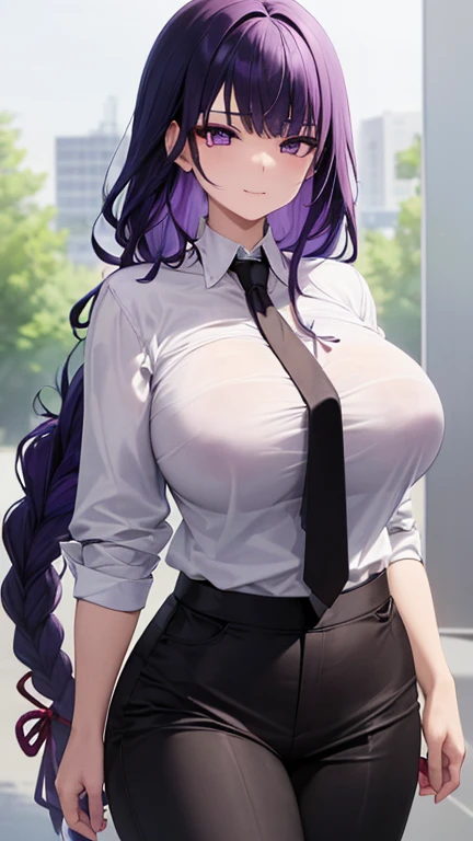 Ahegao((masterpiece)), (best quality), beautiful, extremely detailed face,((expressionless)),((cold attitude)),((tsurime)),((tareme)),breasts,((Mature female)),((raiden shogun, smile, bangs, (big breasts:1.2), (purple eyes:1.2), braid, purple hair, braided ponytail, ringed eyes, shirt, long sleeves, white shirt, necktie, collared shirt, pants, black pants, formal, suit, black necktie, shirt tucked in, office lady